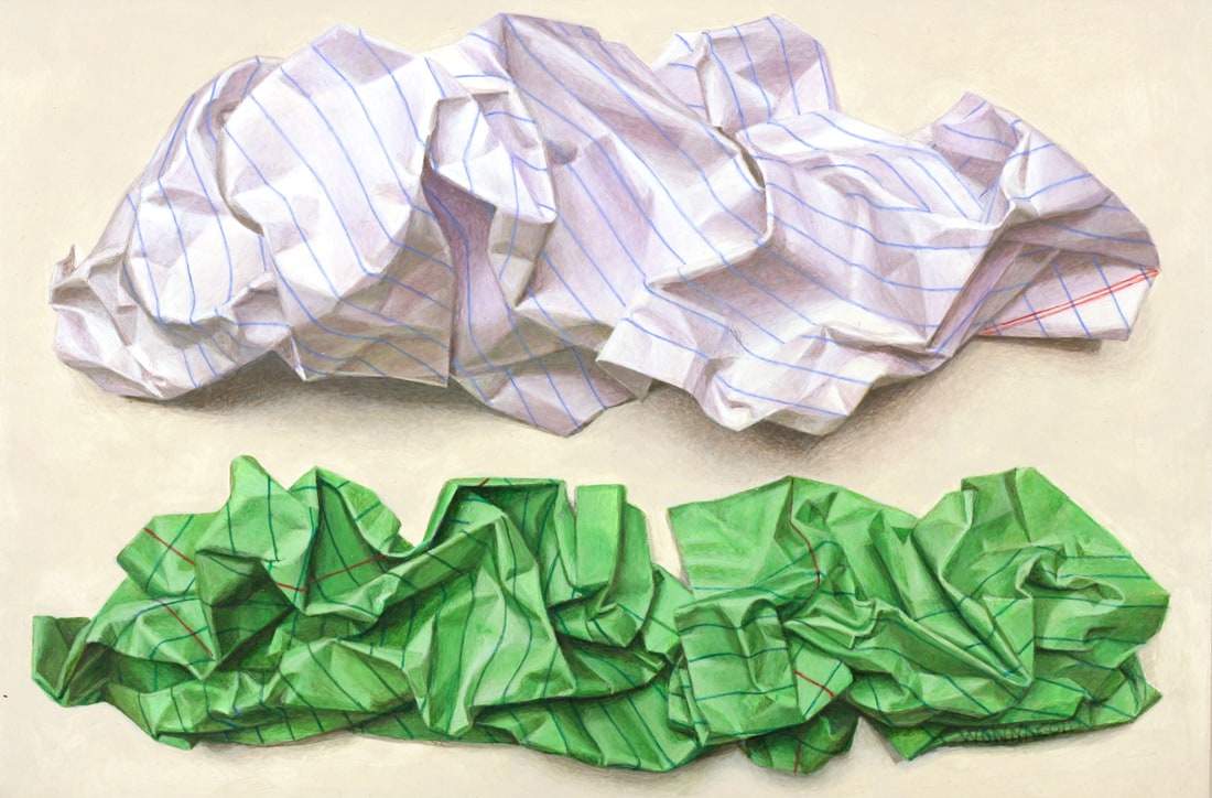 A drawing of crumpled paper on a white surface.