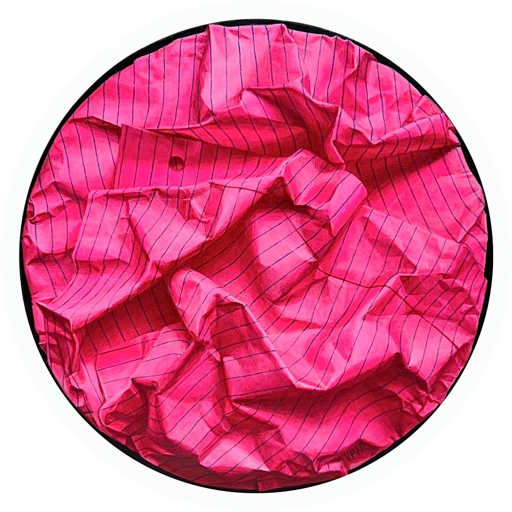 A crumpled pink striped fabric filled within a black circle.