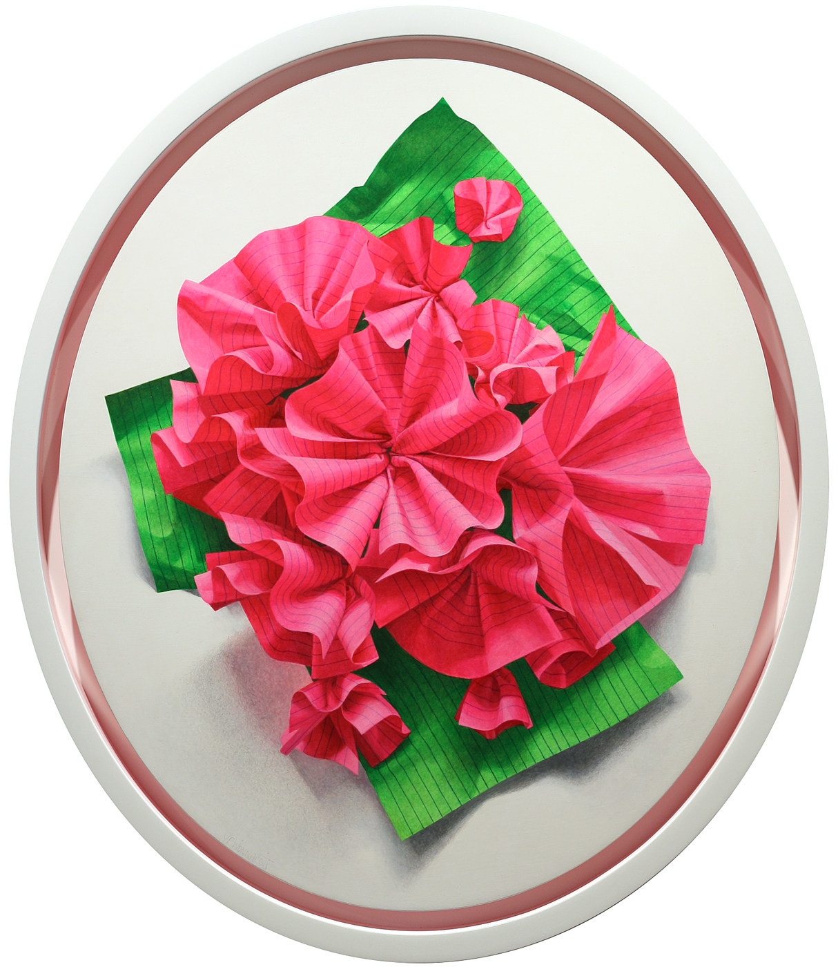 A vibrant paper craft bouquet of pink flowers resting on green leaves within an oval frame.