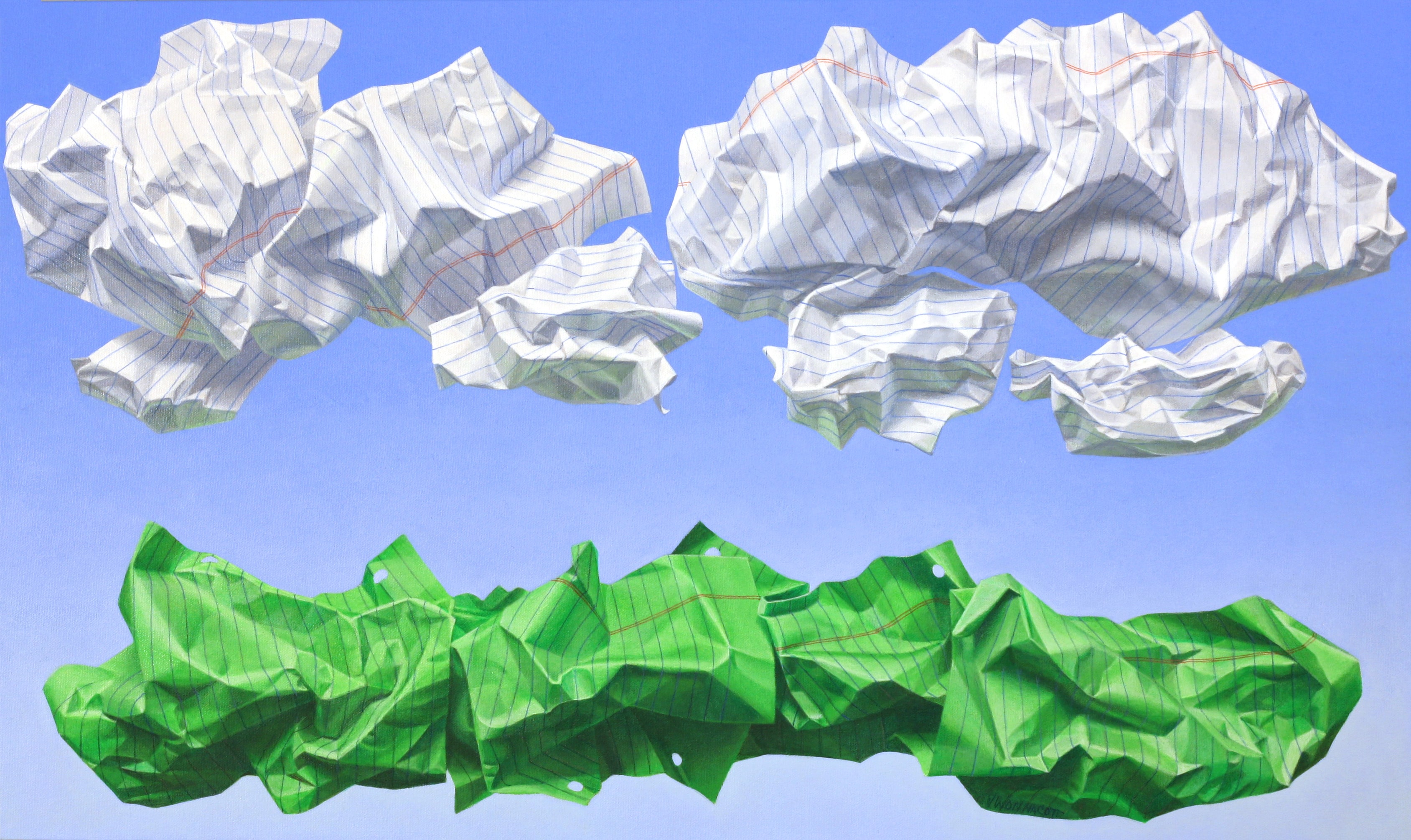 A painting of three white and green paper clouds in the sky.