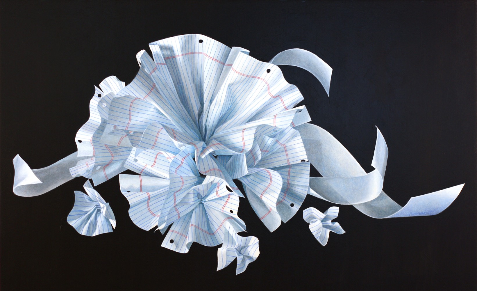 A painting of a bunch of paper flowers on a black background.