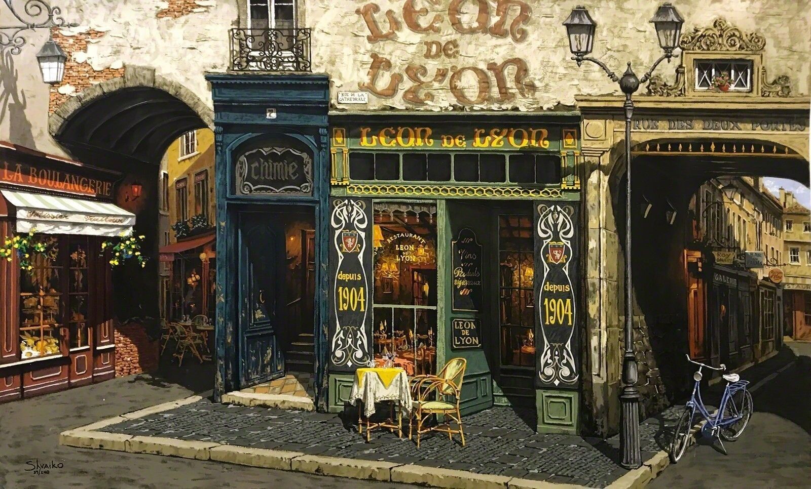 A painting of a street scene with a bicycle parked in front of a store.