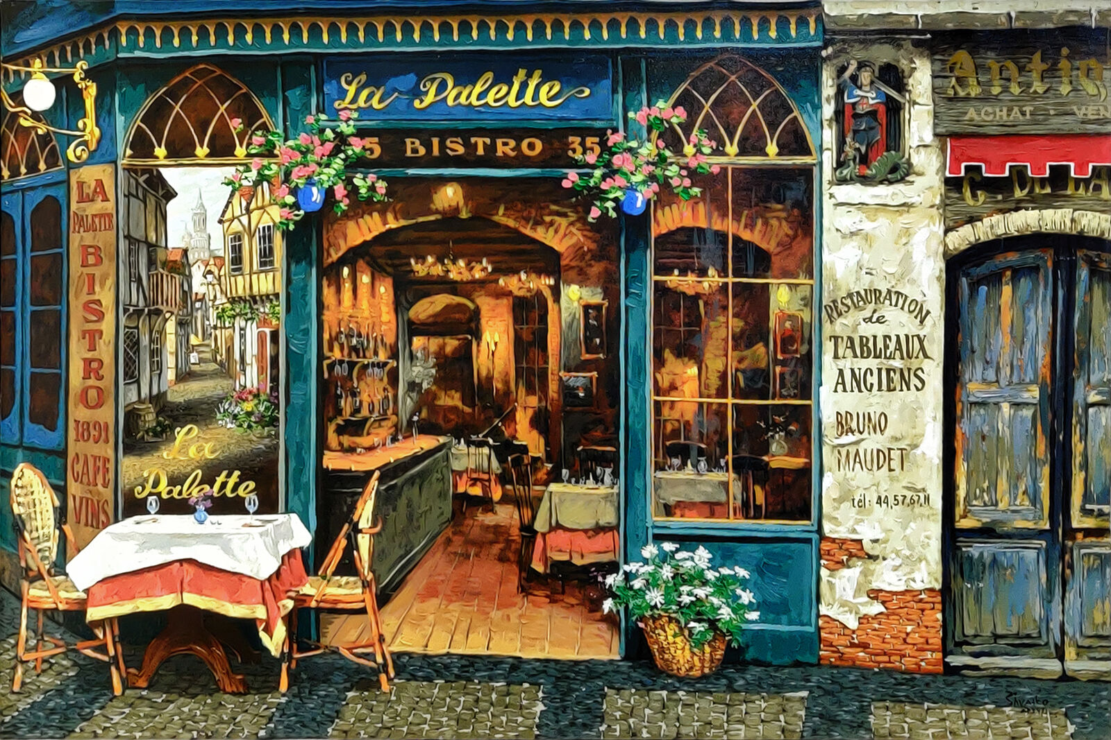 A painting of a restaurant with tables and chairs.