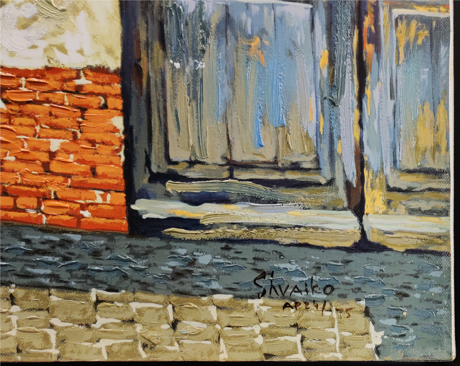 A painting of a restaurant with tables and chairs.