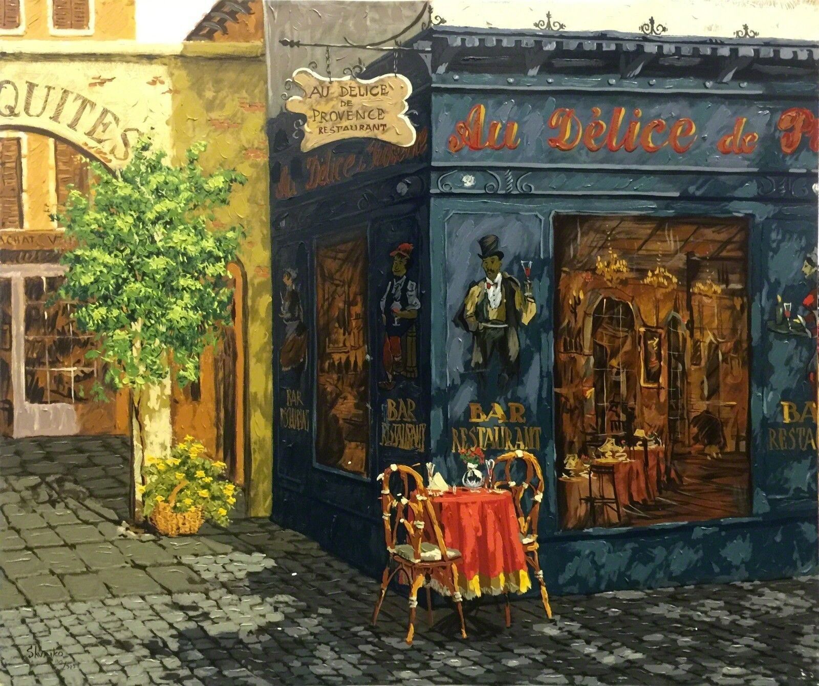 A painting of a restaurant with a table and chairs.