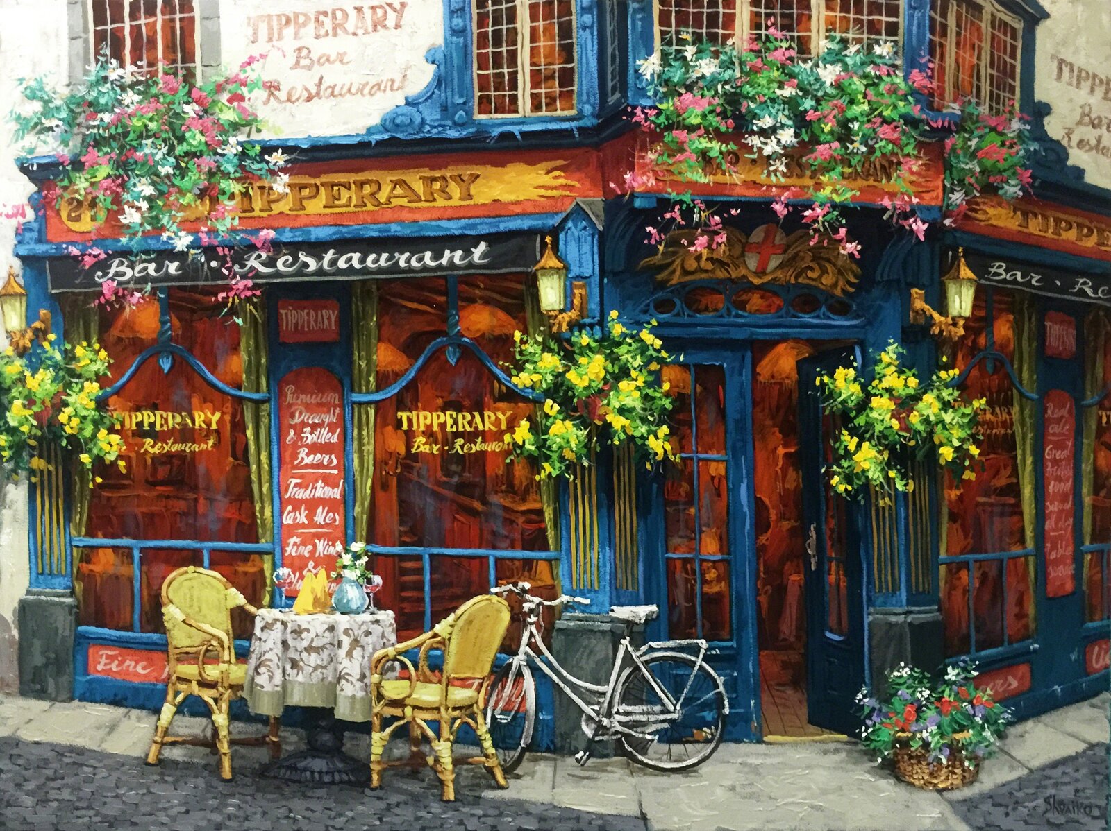 A painting of a bicycle parked outside of a restaurant.