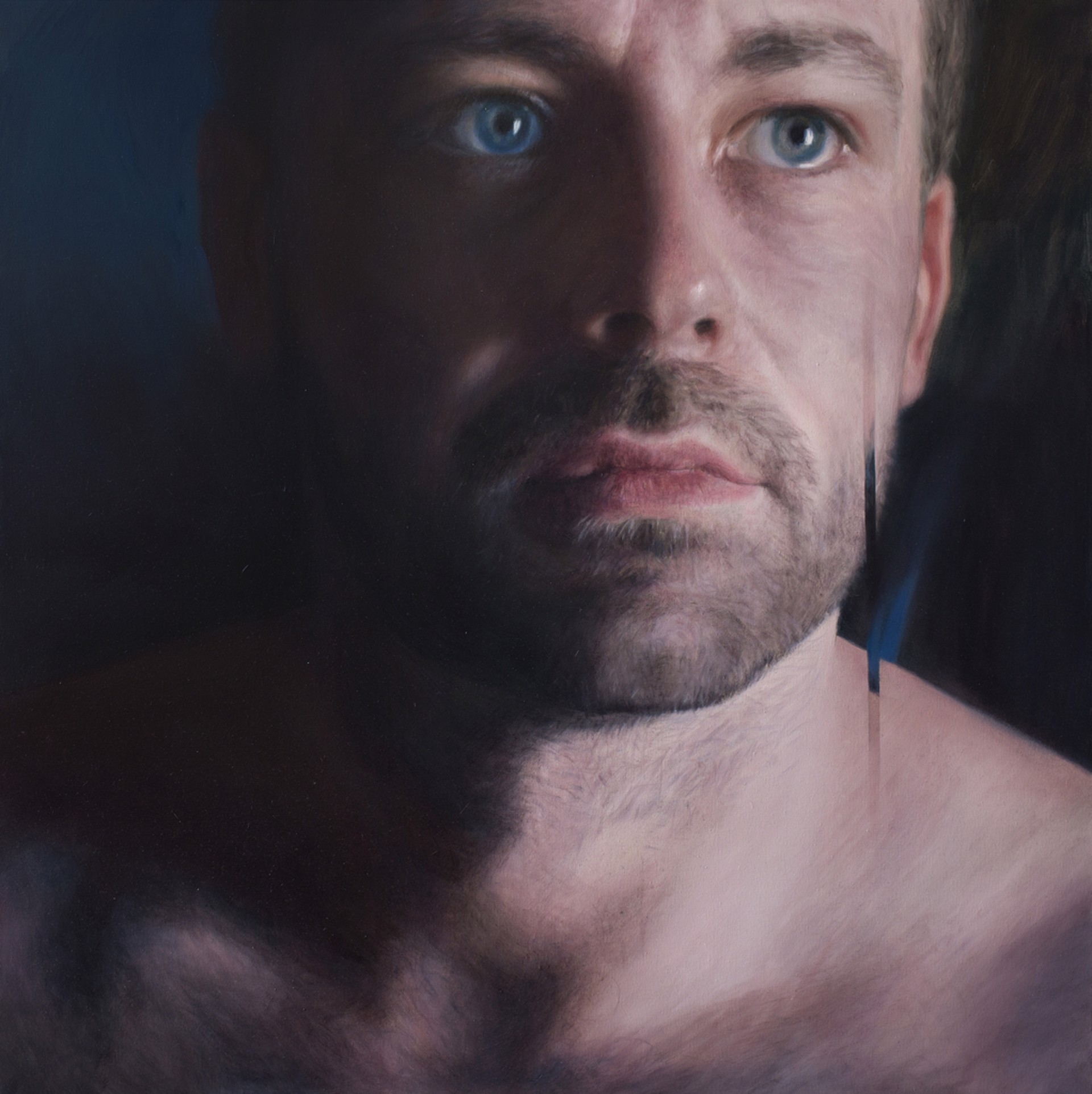 A painting of a man with blue eyes. 