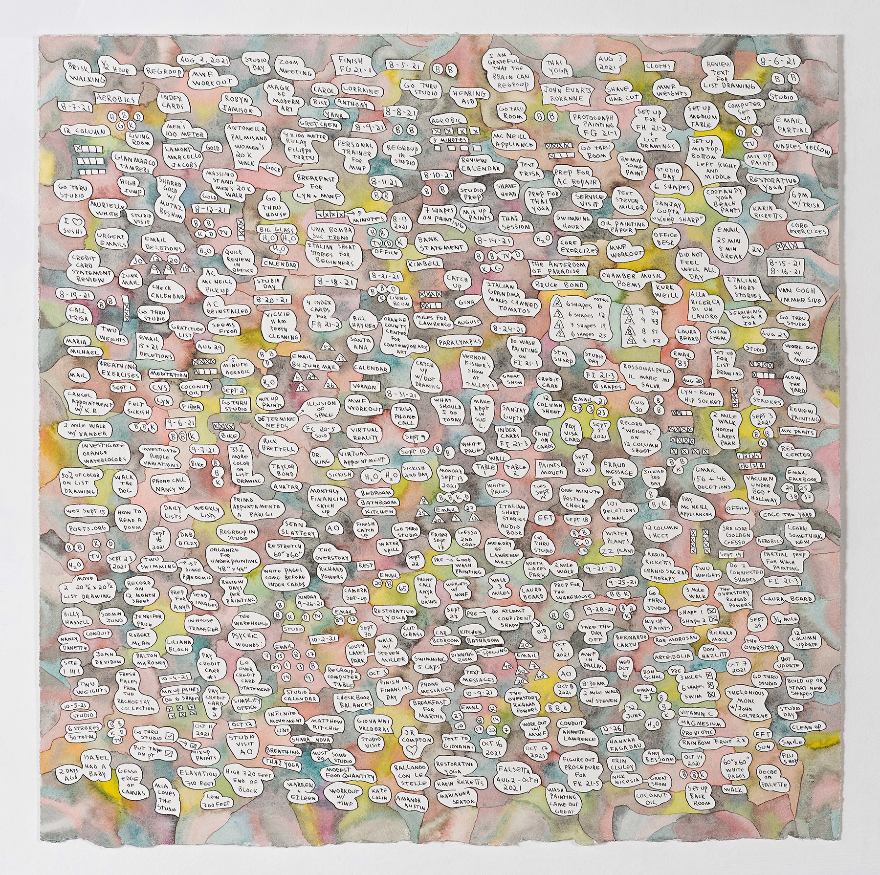 A watercolor drawing of a map of a city with lots of words on it.