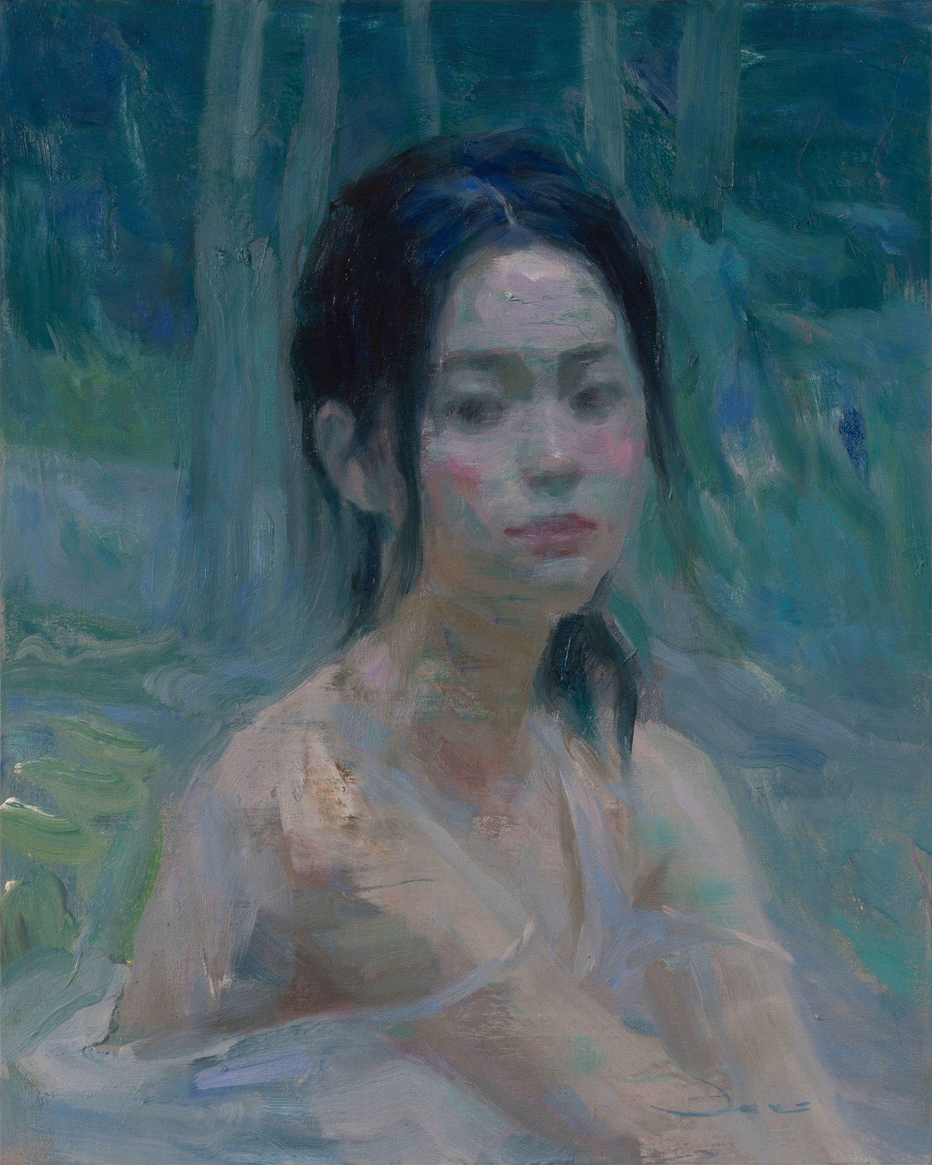 A painting of a woman in a bathtub in the woods.