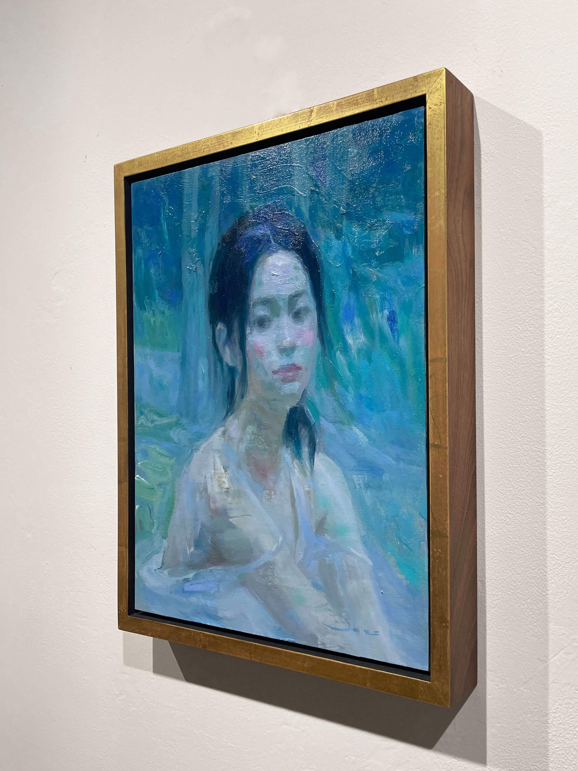 A painting of a woman in a bathtub in the woods.