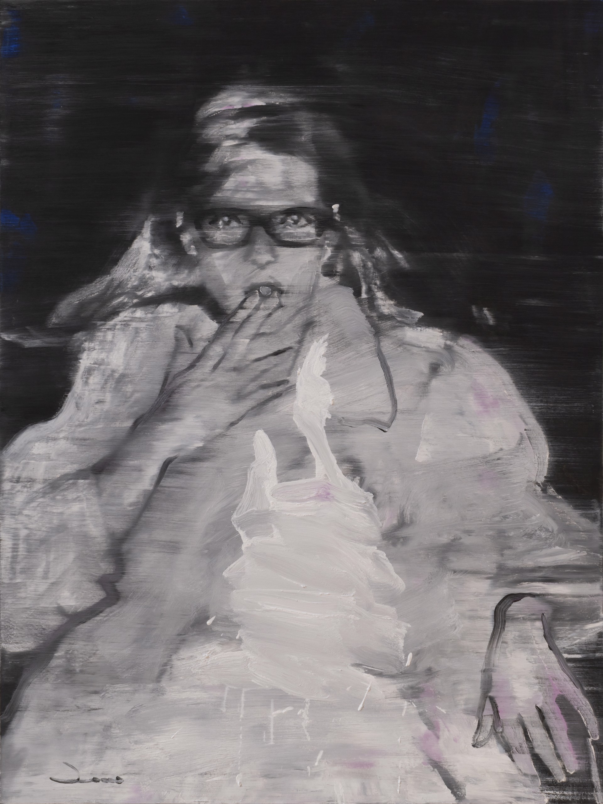 A painting of a woman with glasses and a white dress.