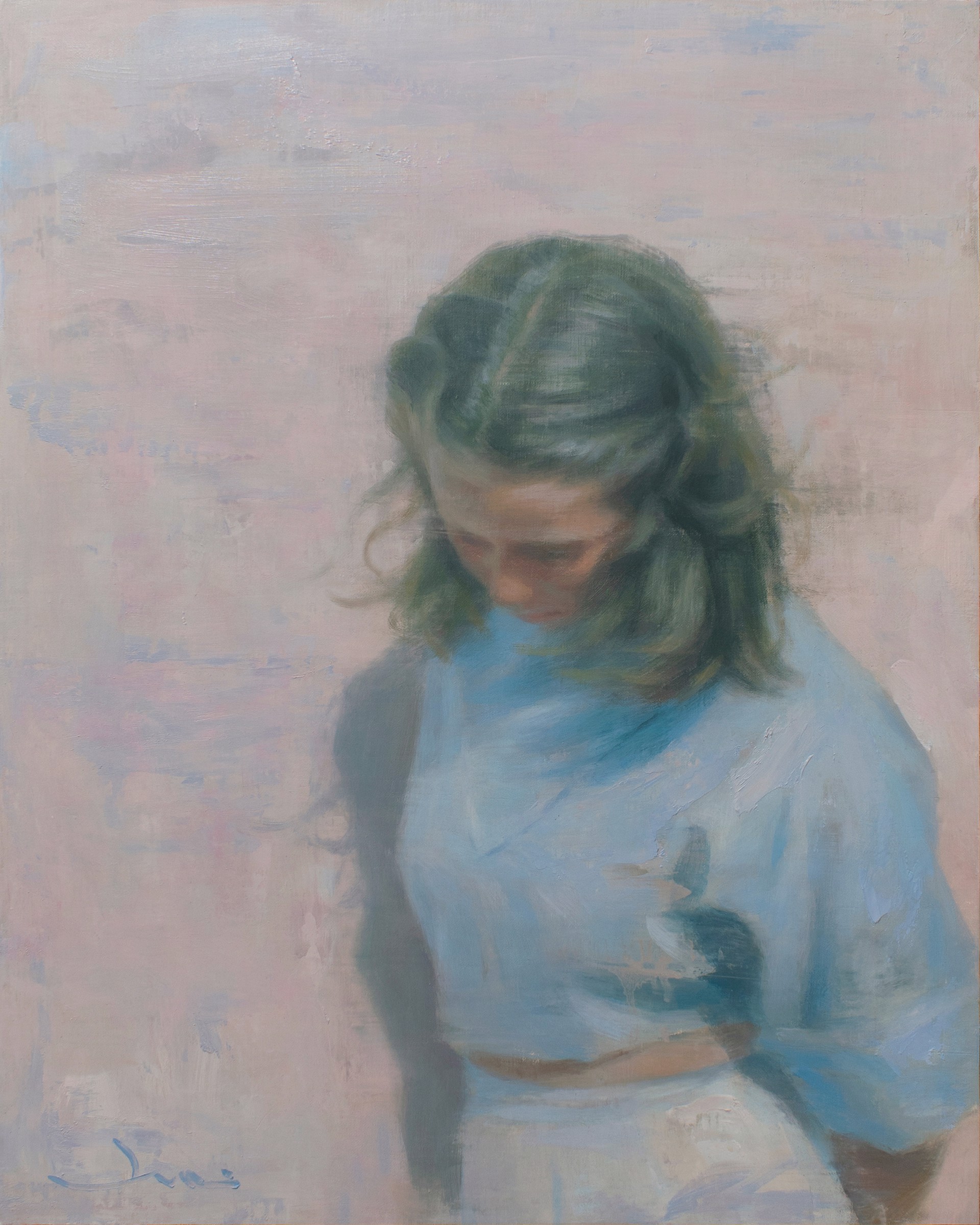 A painting of a woman in a blue shirt.