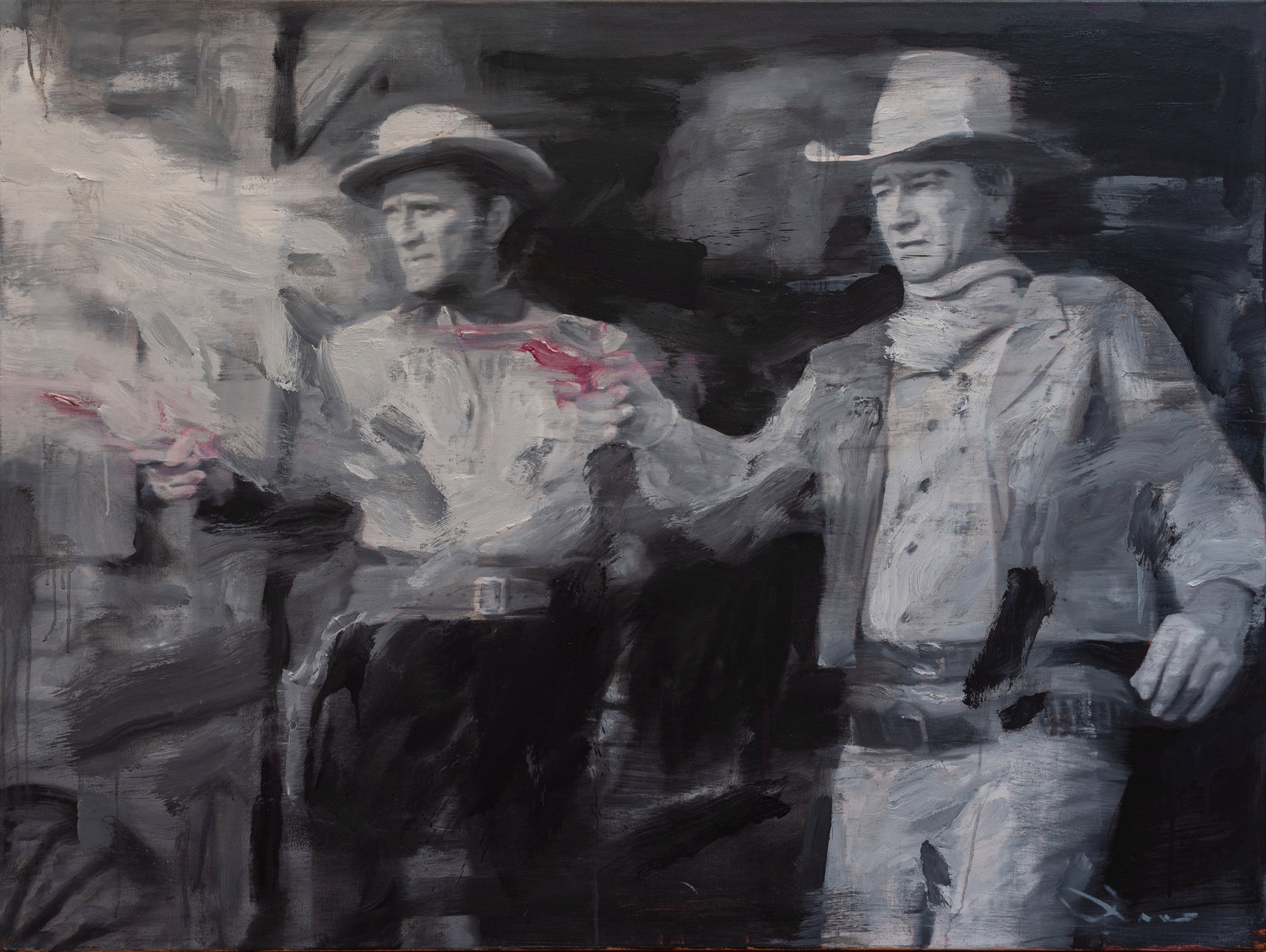 A monochromatic painting of two figures in cowboy hats standing side by side.