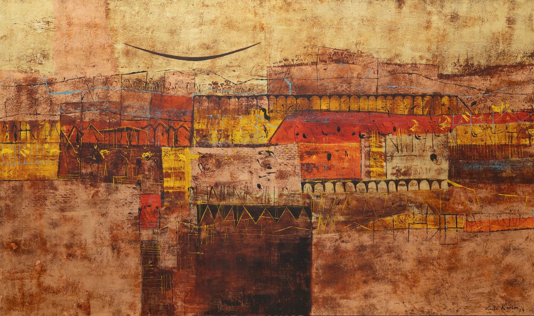 A painting of a city with a smiley face on it.