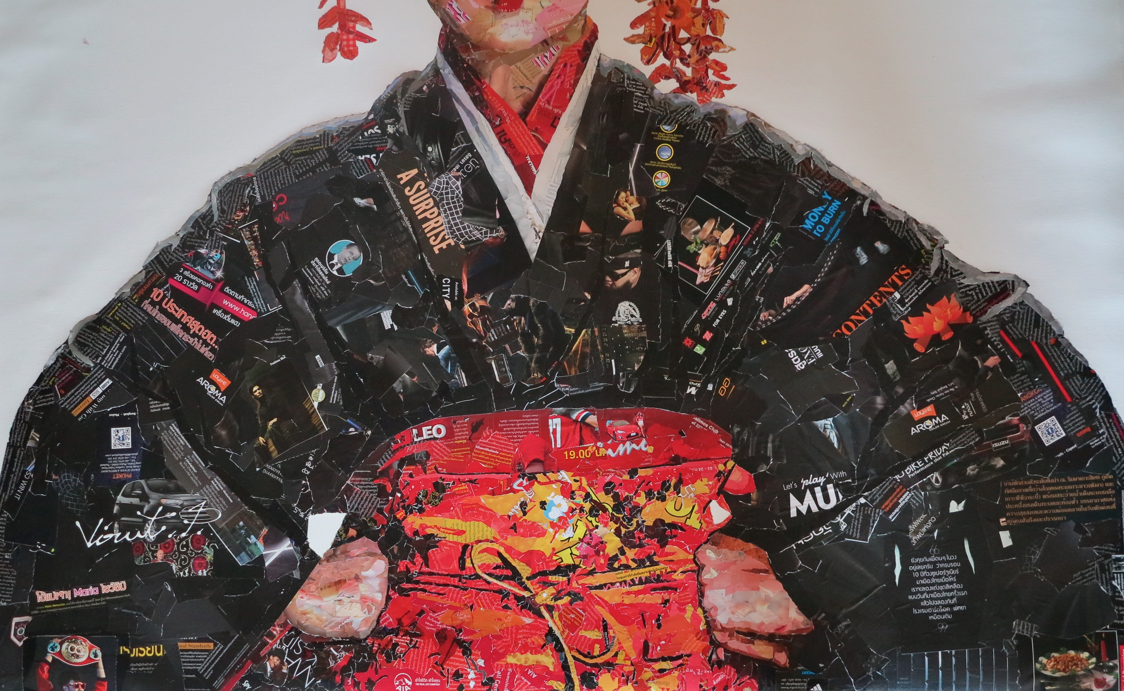 Artwork by Virut Panchabuse, Kimono with Golden flowers, Made of Oil And Collage On Canvas 