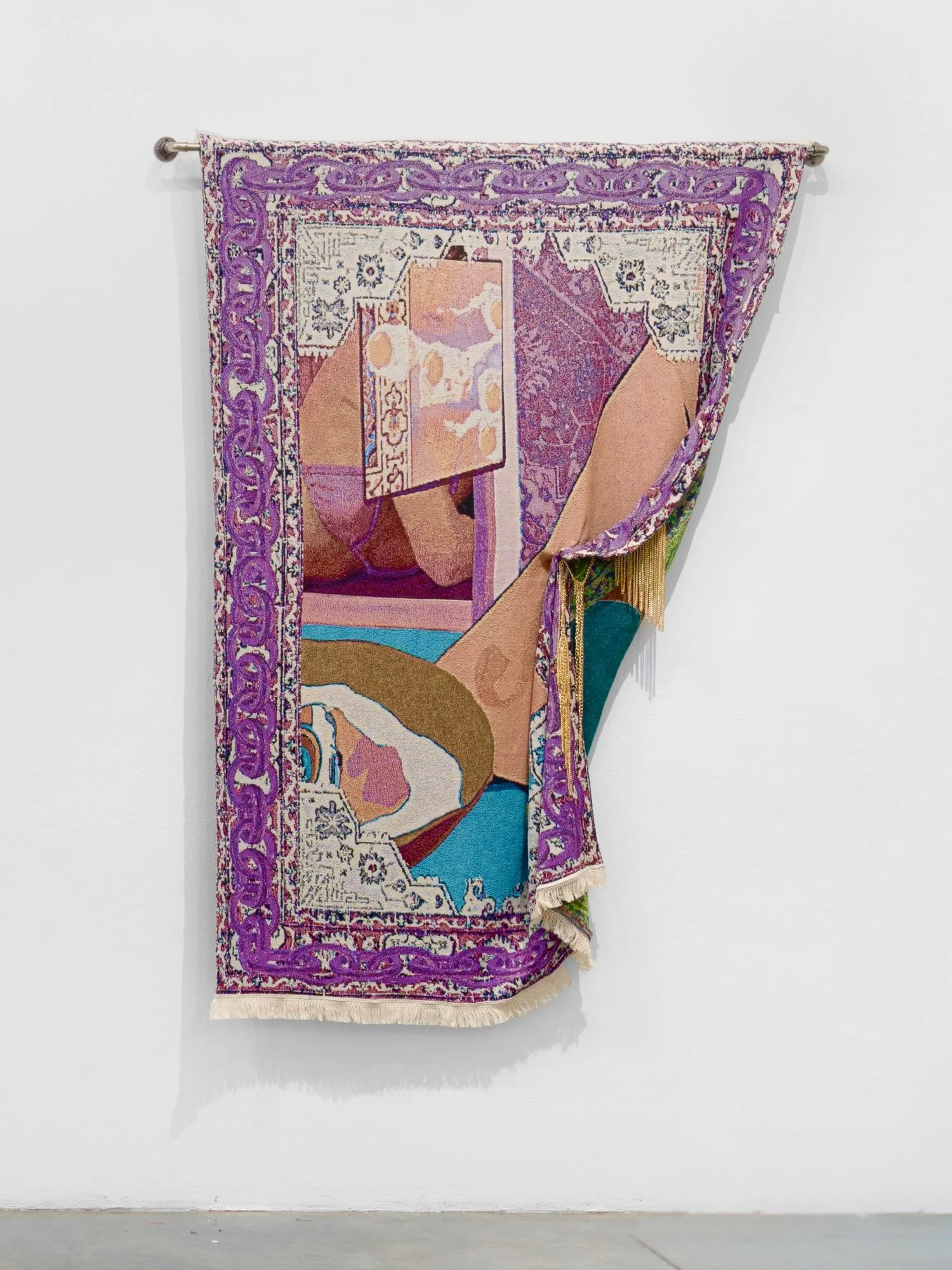 Artwork by Vita Kari, What Happened to Tila Tequila, Made of Fabric Paint, Digital Jacquard, Archival Frutiger Metro, Sequin, Glass Beads, Rhinestones 