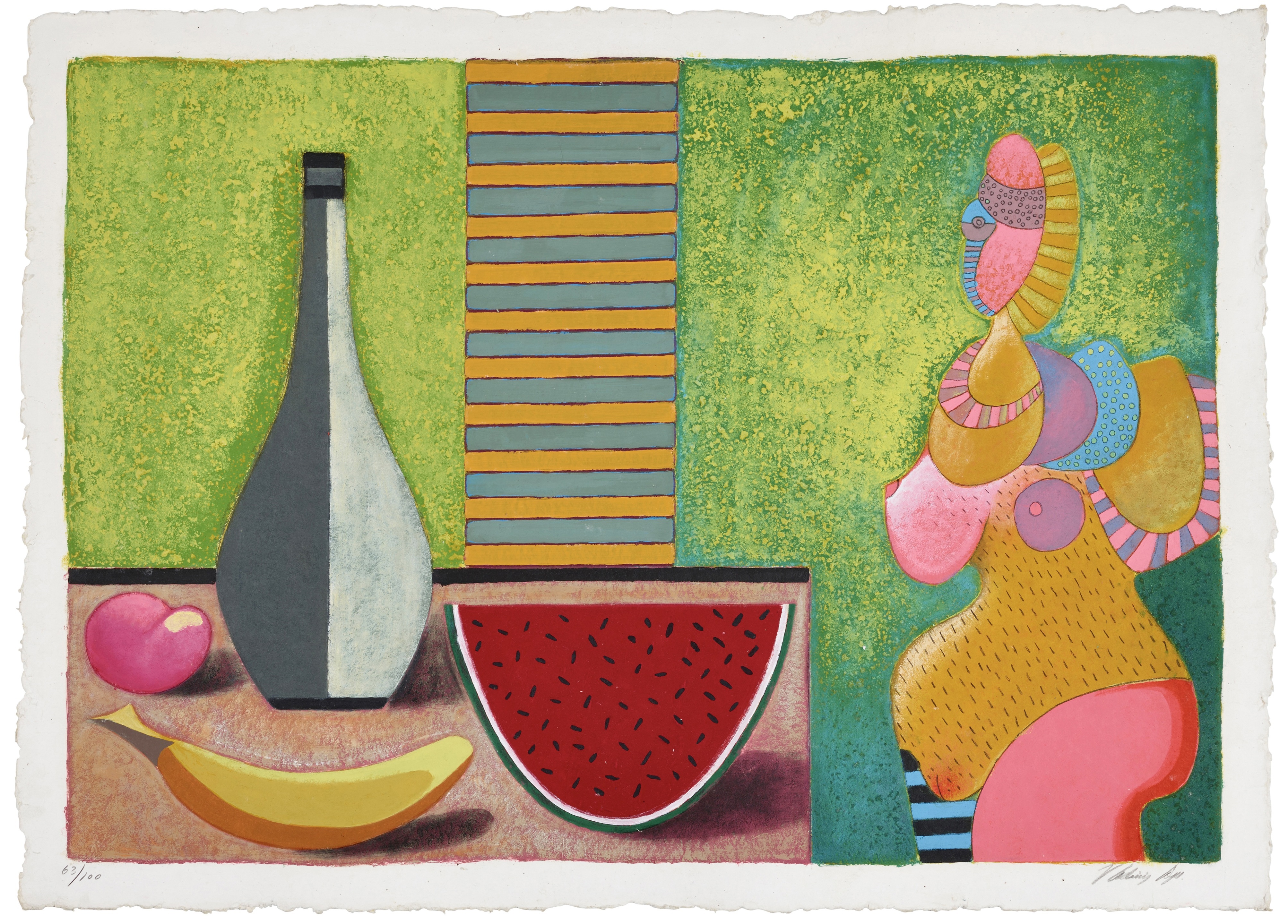 Artwork by Vladimir Cora, Bodegon con sandia, Made of Mixografia On Heavy Hand Made Paper 
