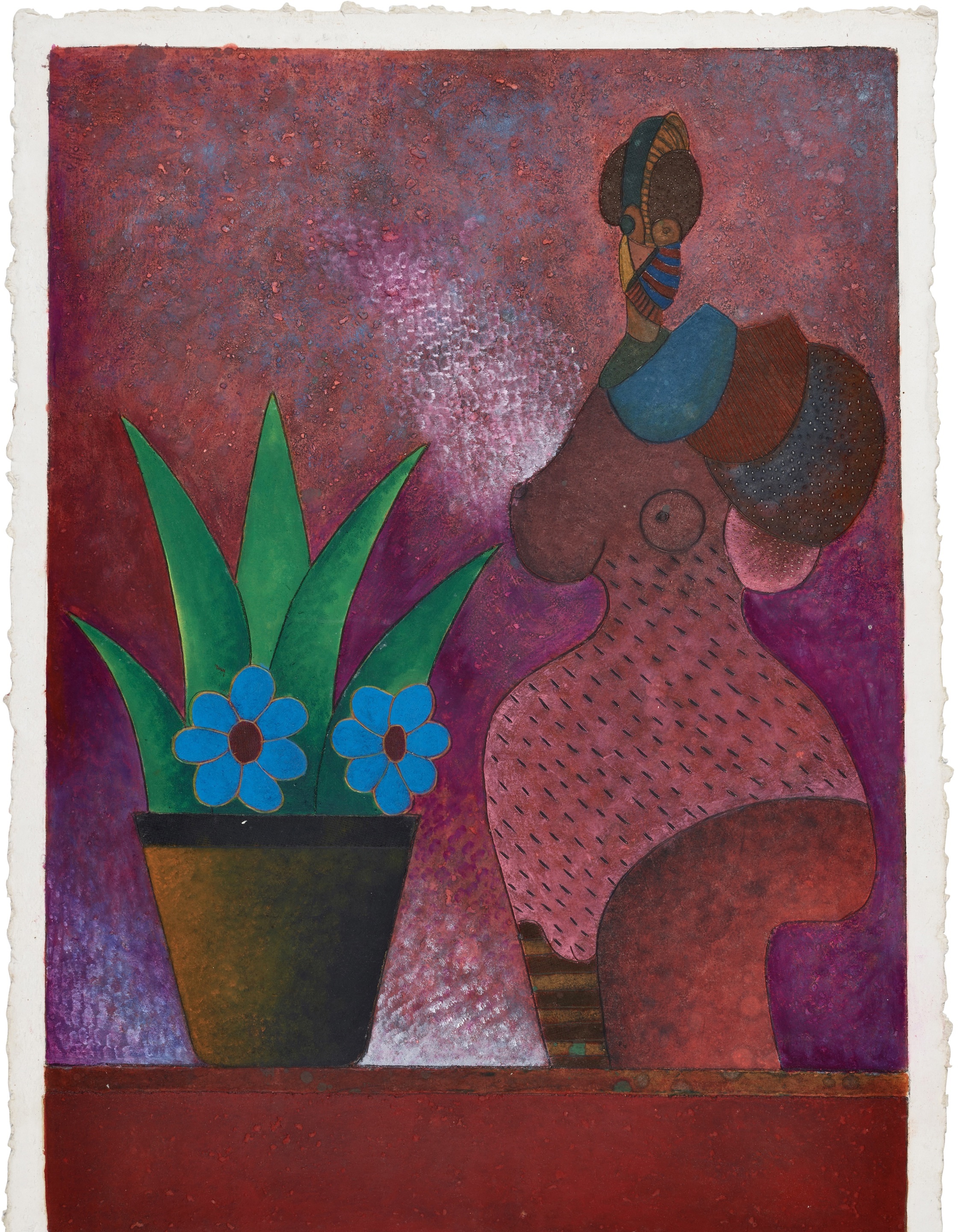 A painting of a woman sitting next to a potted plant.