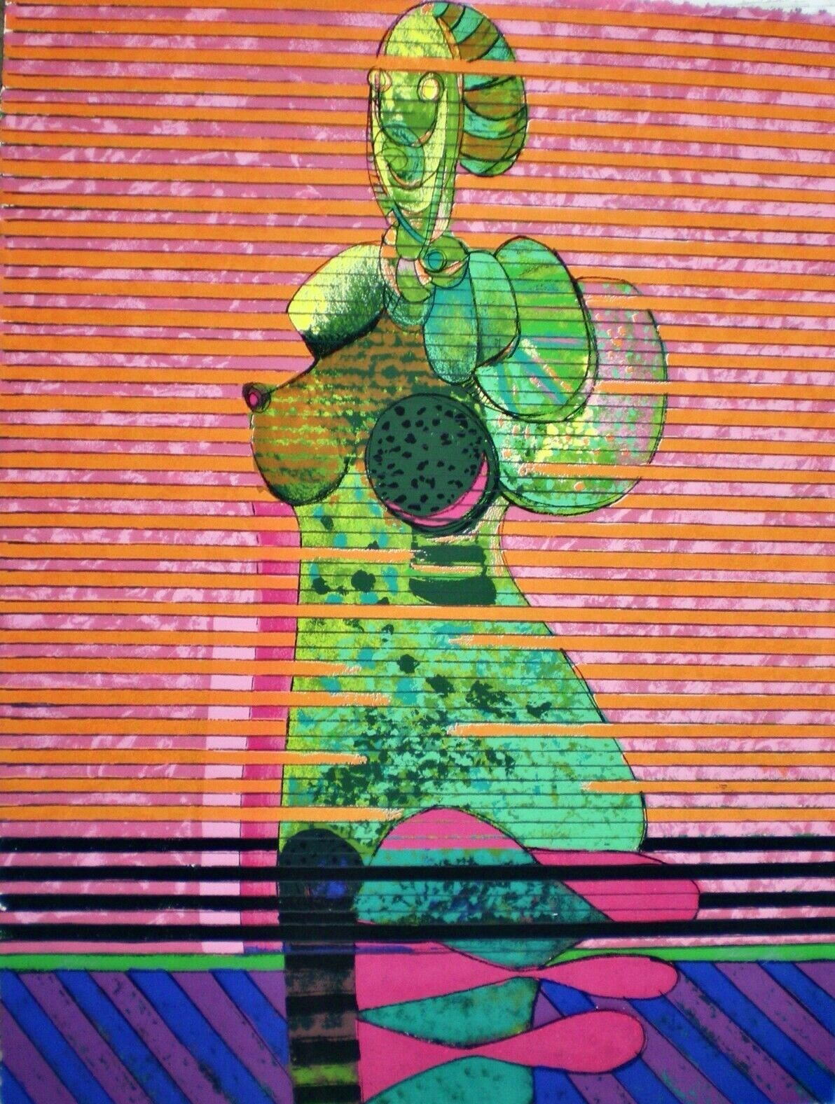 A painting of a woman in a green dress on a striped background.