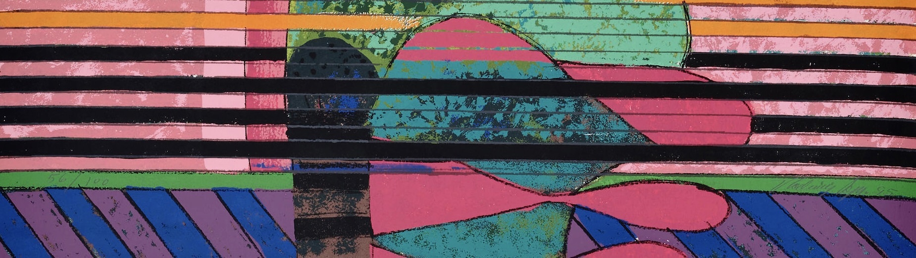 A painting of a woman in a green dress on a striped background.