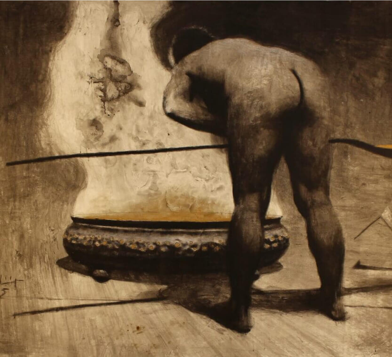 A painting of a man standing in front of a bowl.