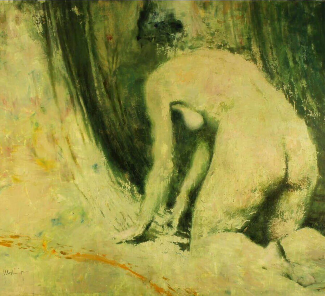 A painting of a woman bending over in the snow.