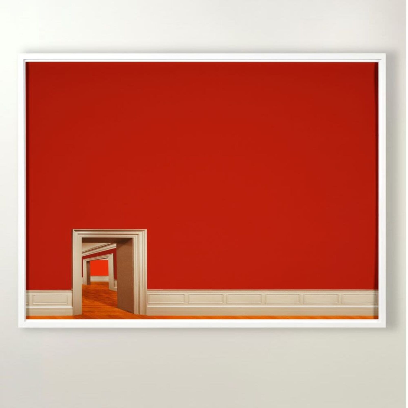 A minimalist interior scene featuring a red wall, white trim, and a series of doorways leading into an empty hallway.