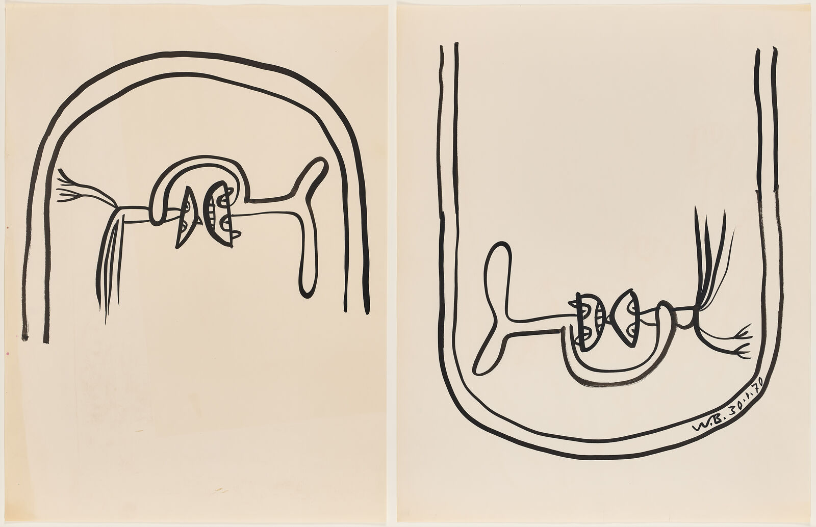 Artwork by Walter Whall Battiss, Untitled (Cat stalking bird), Made of Ink on paper 