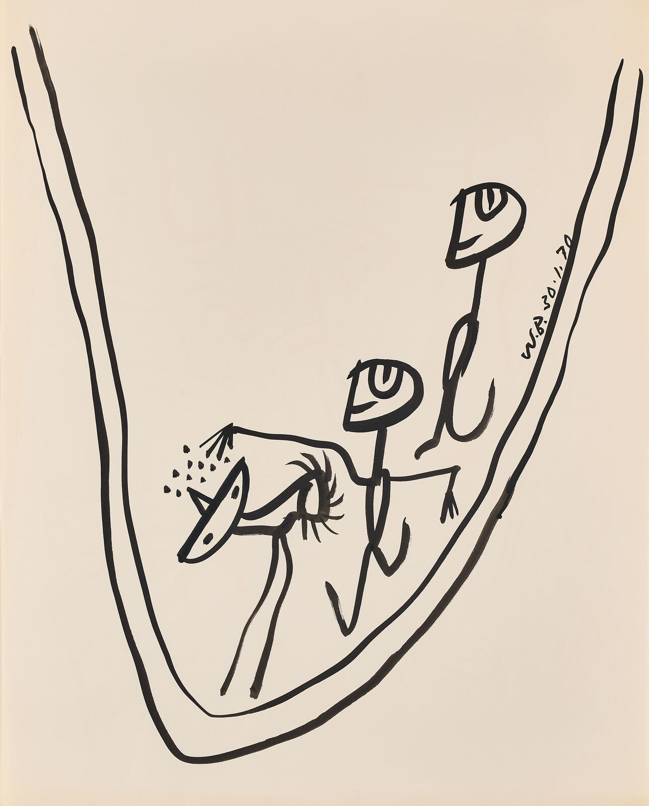 Artwork by Walter Whall Battiss, Untitled (Two Figures walking their Cat), Made of Ink on paper 