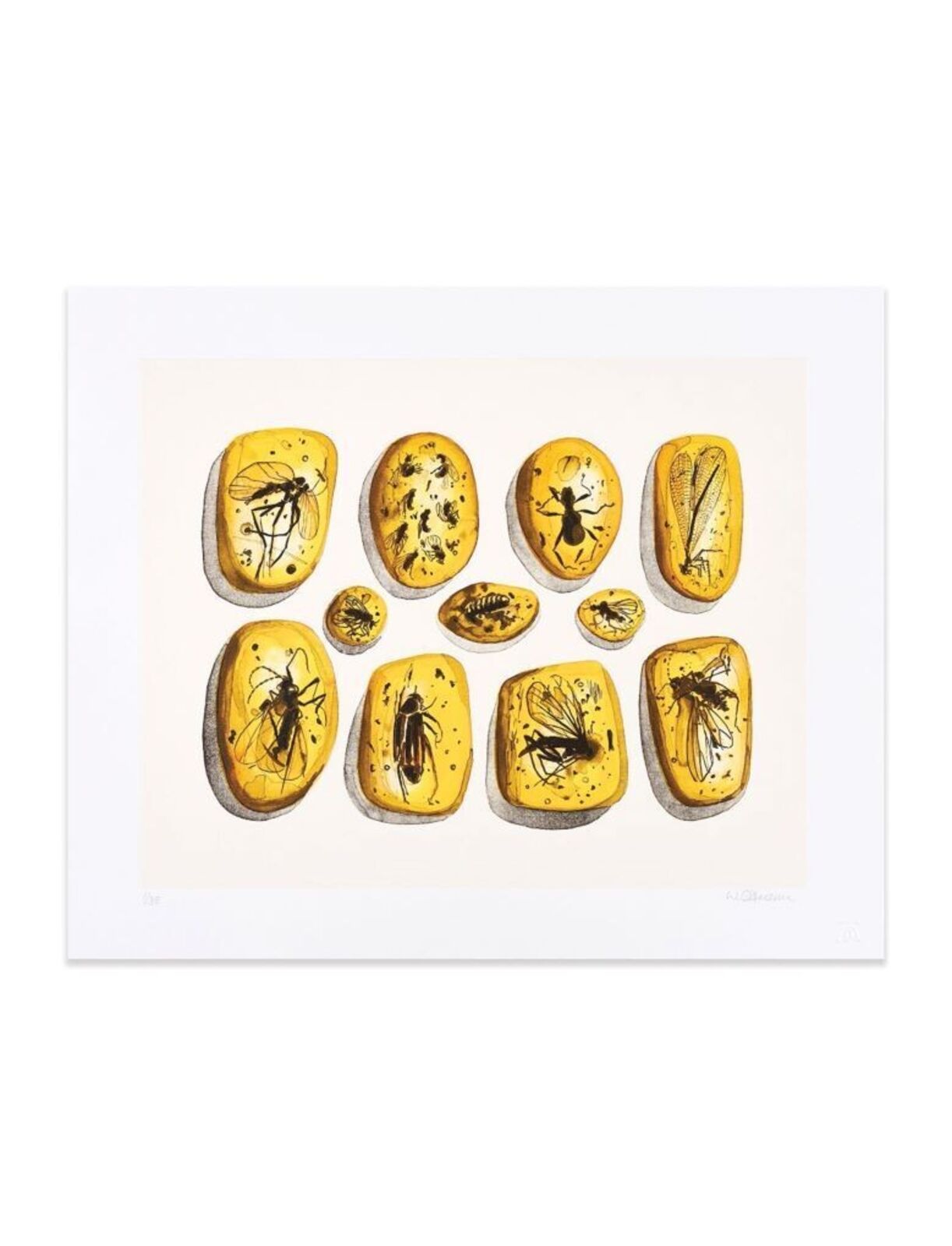 a painting of a bunch of bees on a white background
