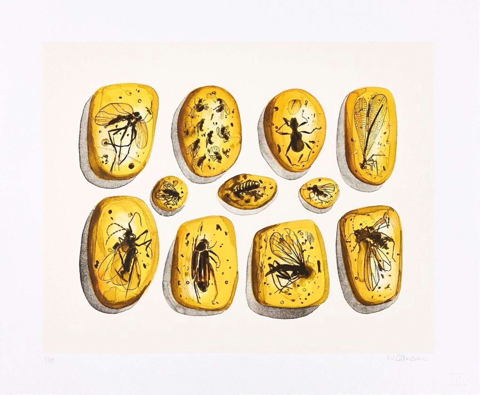 a painting of a bunch of bees on a white background