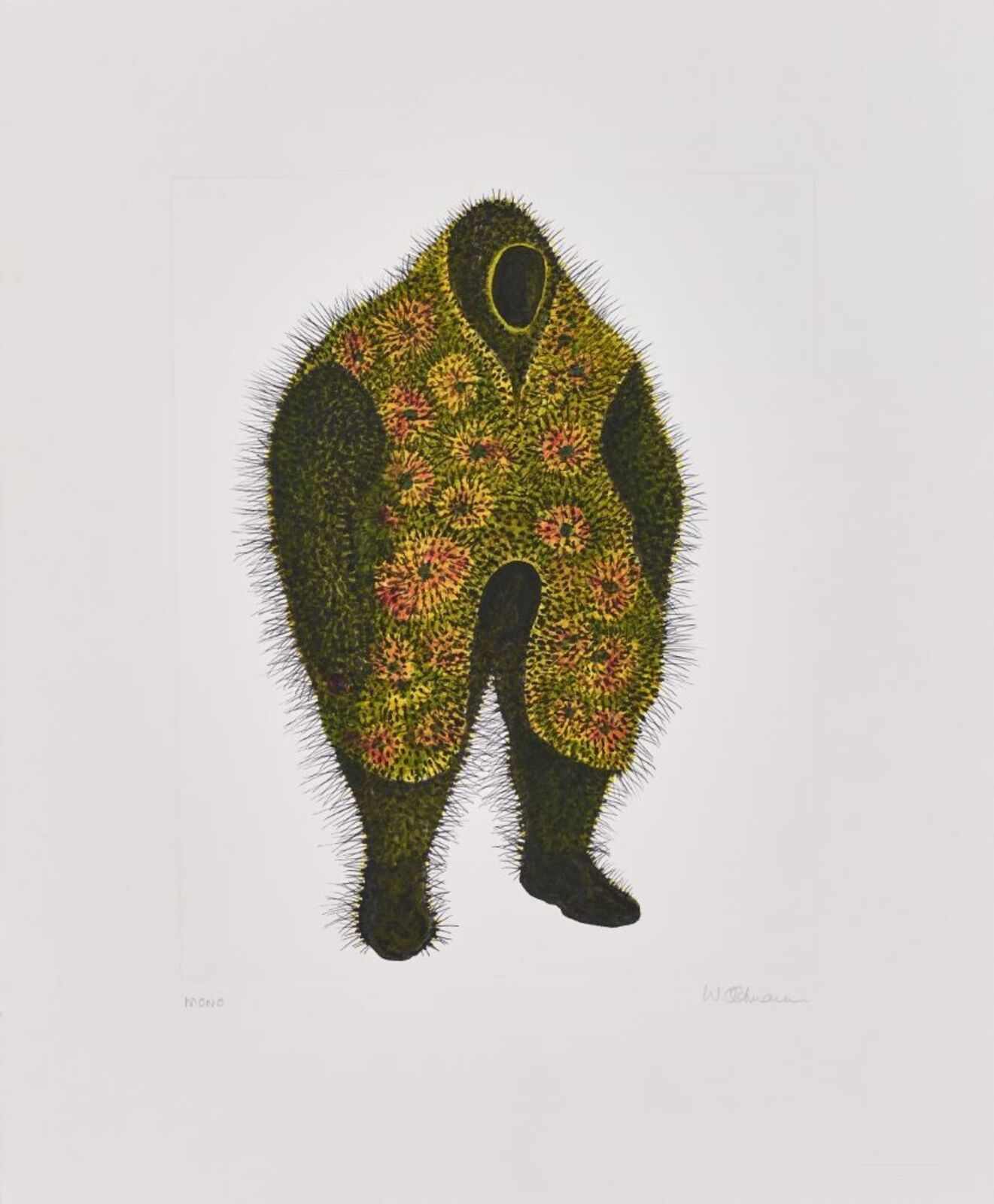 A drawing of a man with flowers on his back.