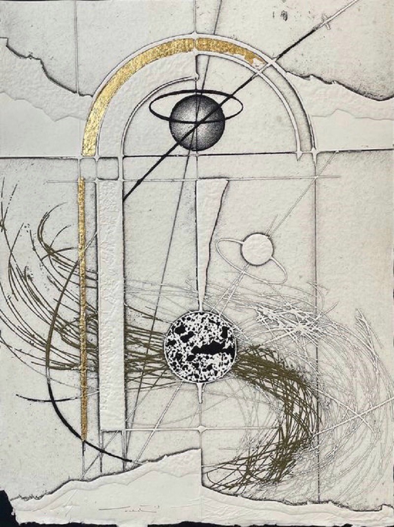 A drawing of a black and white drawing on a piece of paper.