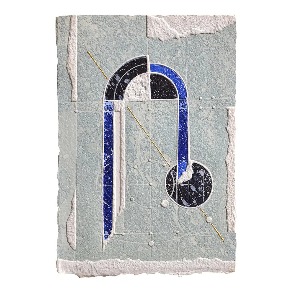 A piece of paper with a blue and black design on it.