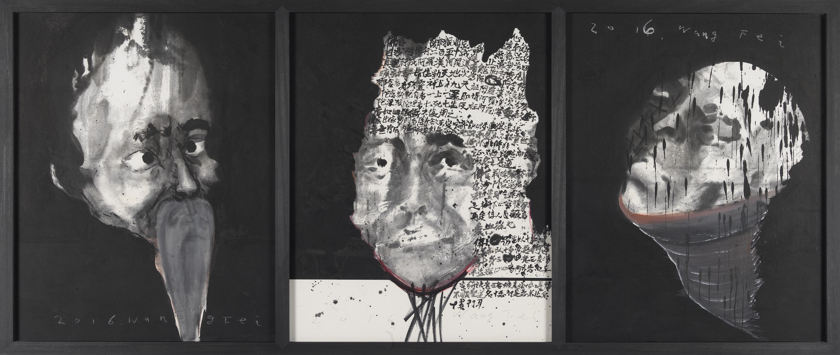 A triptych of monochromatic portraits featuring a long nose, a face covered in text, and a head with dripping paint.