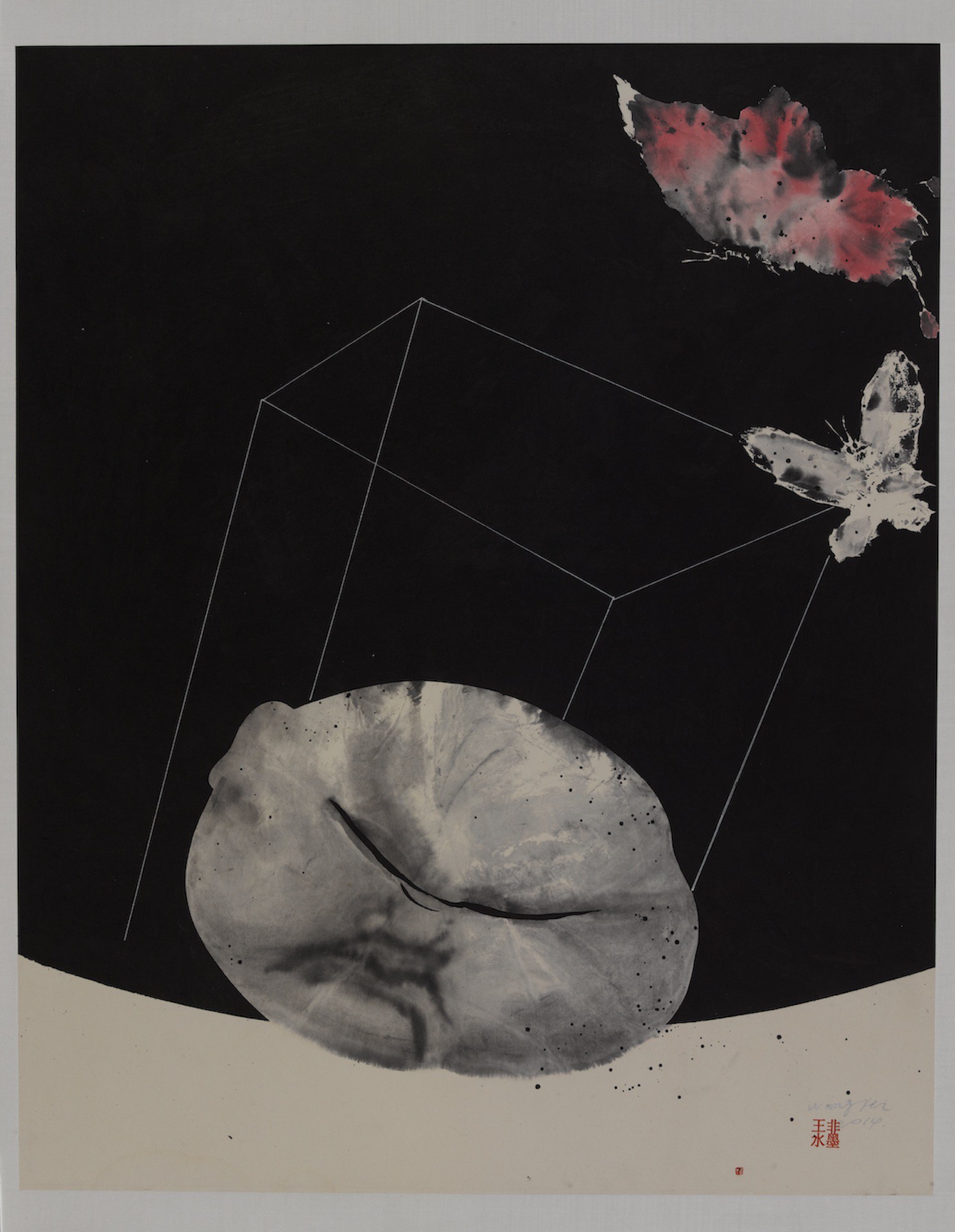 A monochrome ink study featuring a large leaf, a wireframe cube, and two butterflies against a black background.