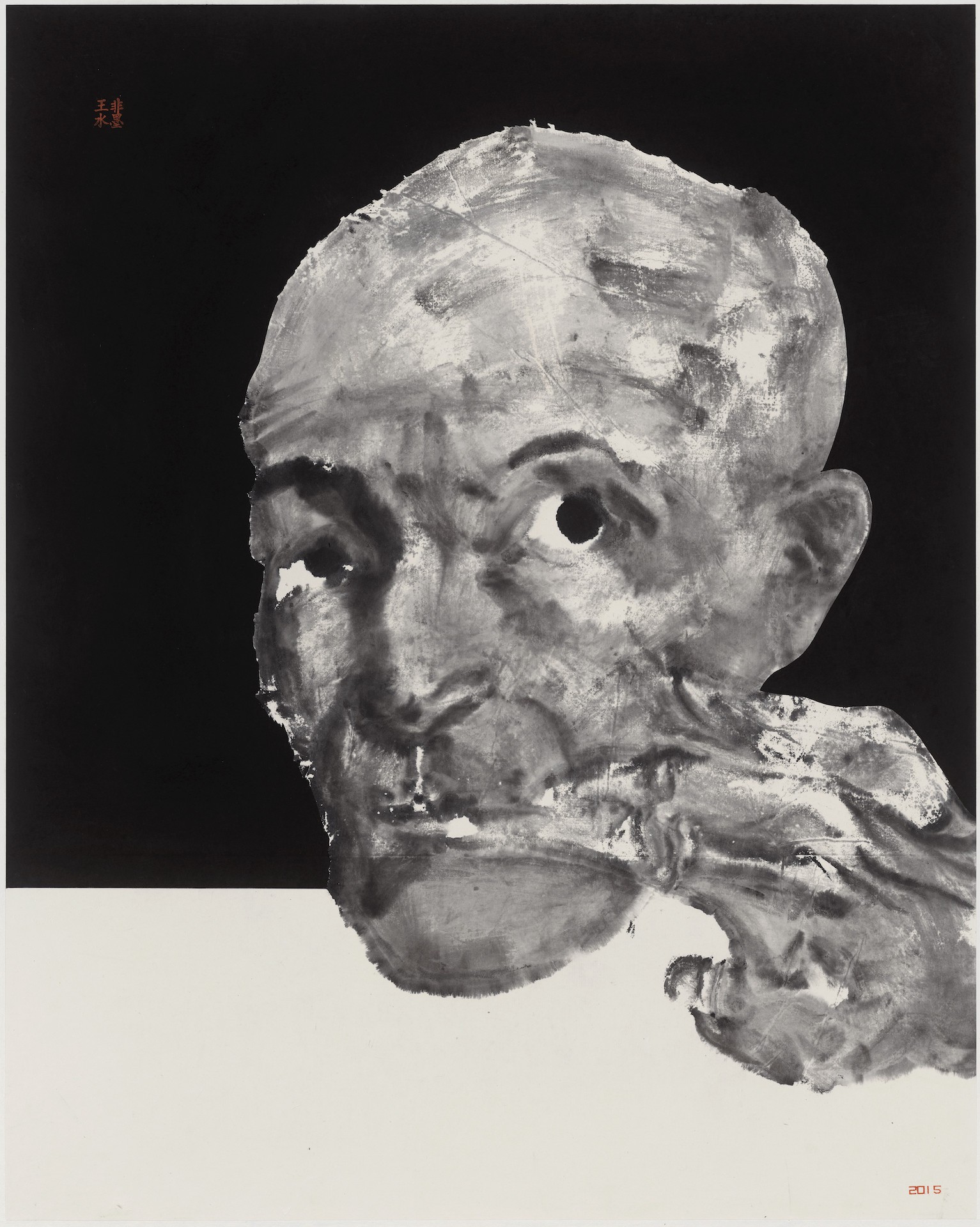A monochromatic portrait of a bald figure with an intense gaze, rendered in expressive ink wash against a stark black and white background.