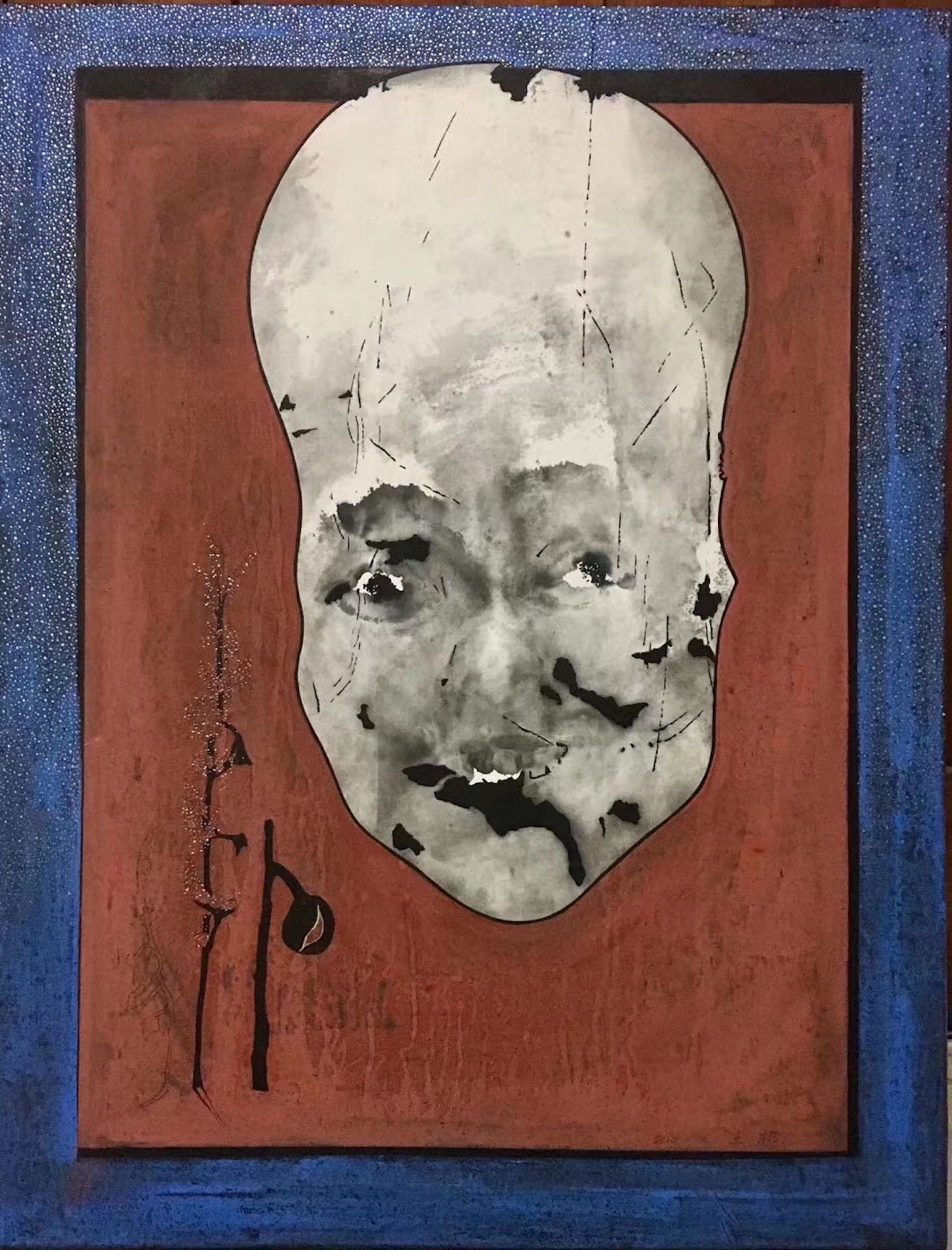 A haunting portrait of a weathered face emerging from a textured, monochromatic oval against a warm red background.