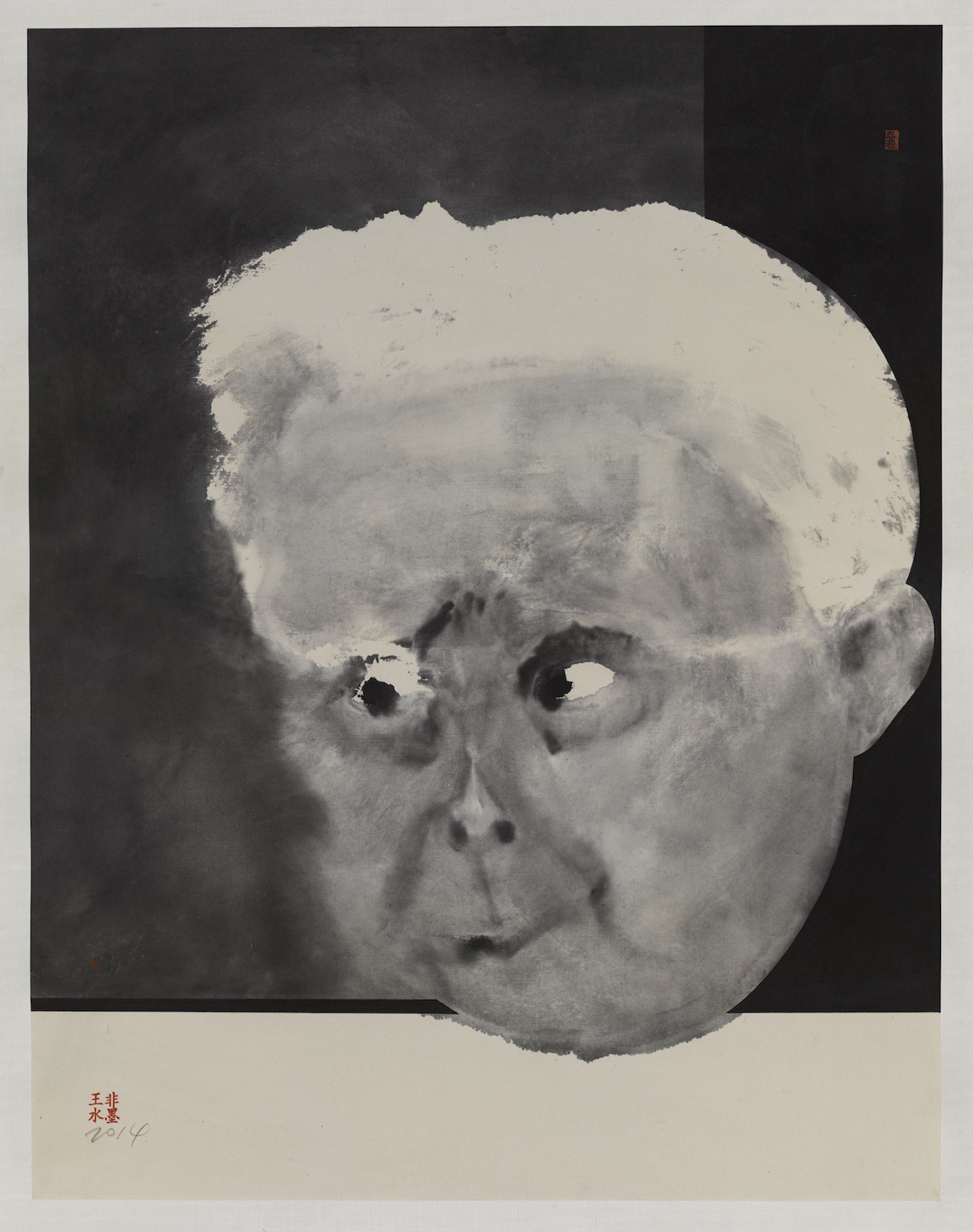 A monochromatic ink portrait of an elderly figure with a stark, high-contrast aesthetic.
