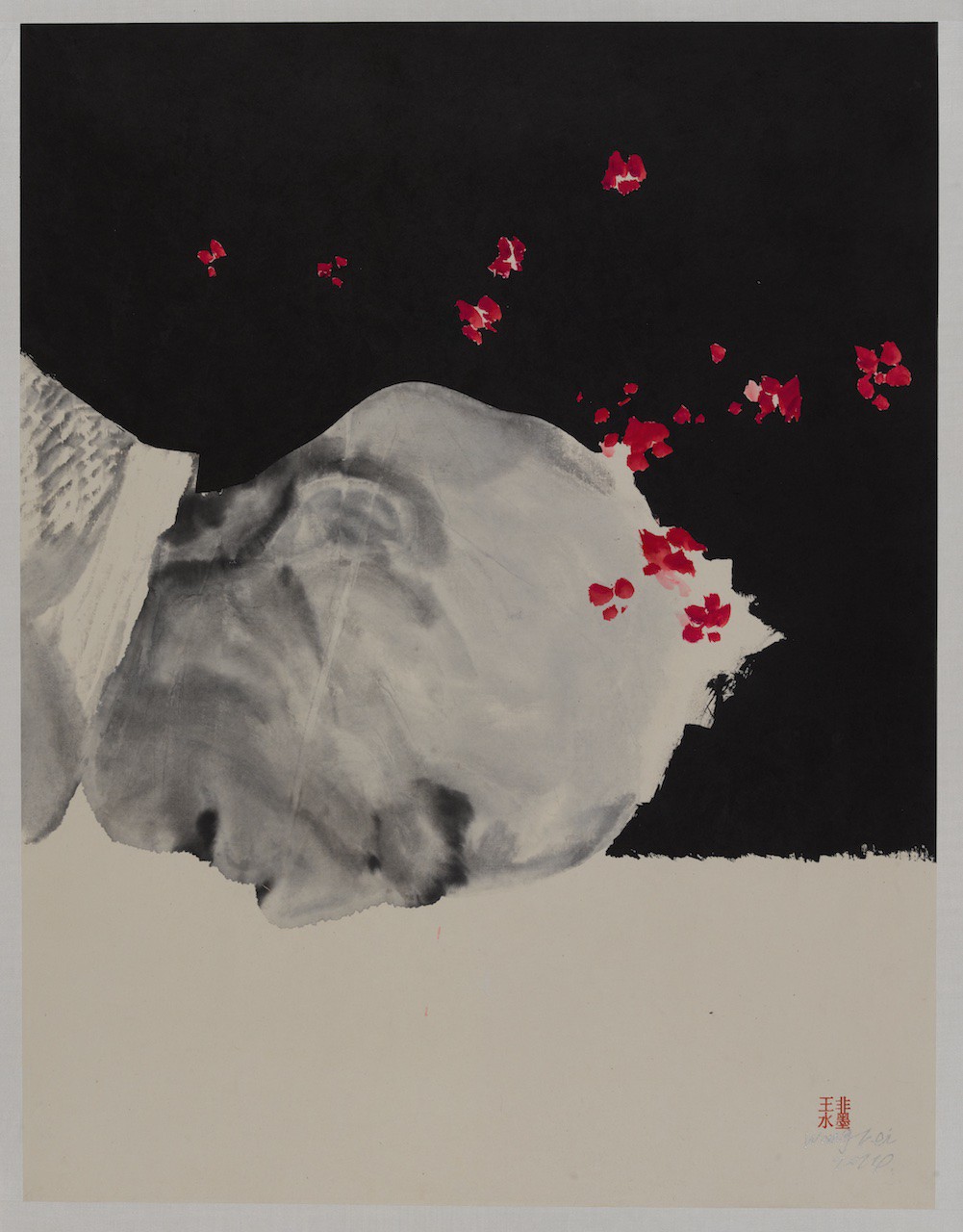 A monochrome figure with a black background and red petals.