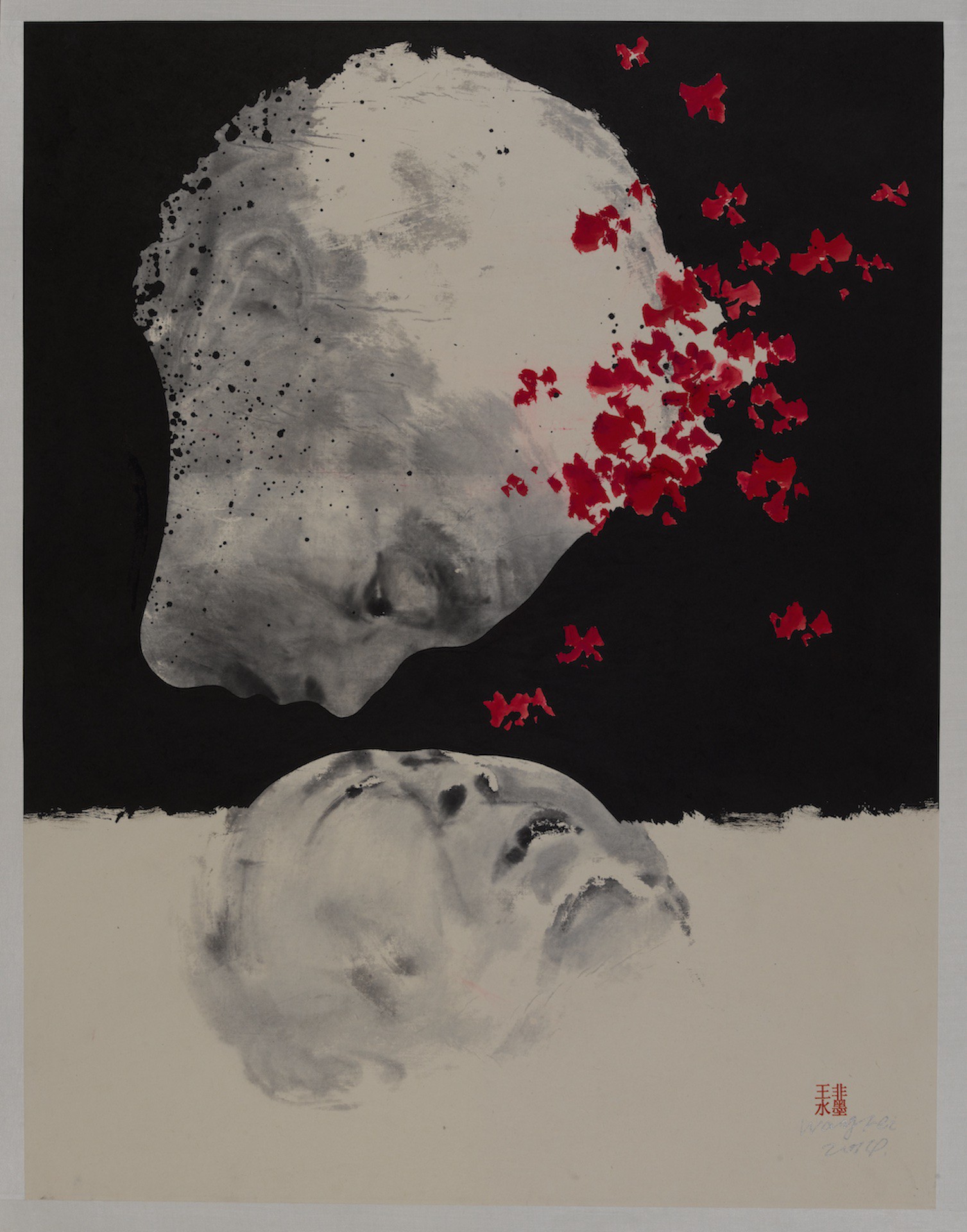 A split-composition portrait featuring a head with red fragments exploding from the side and a lower, shadowed face.