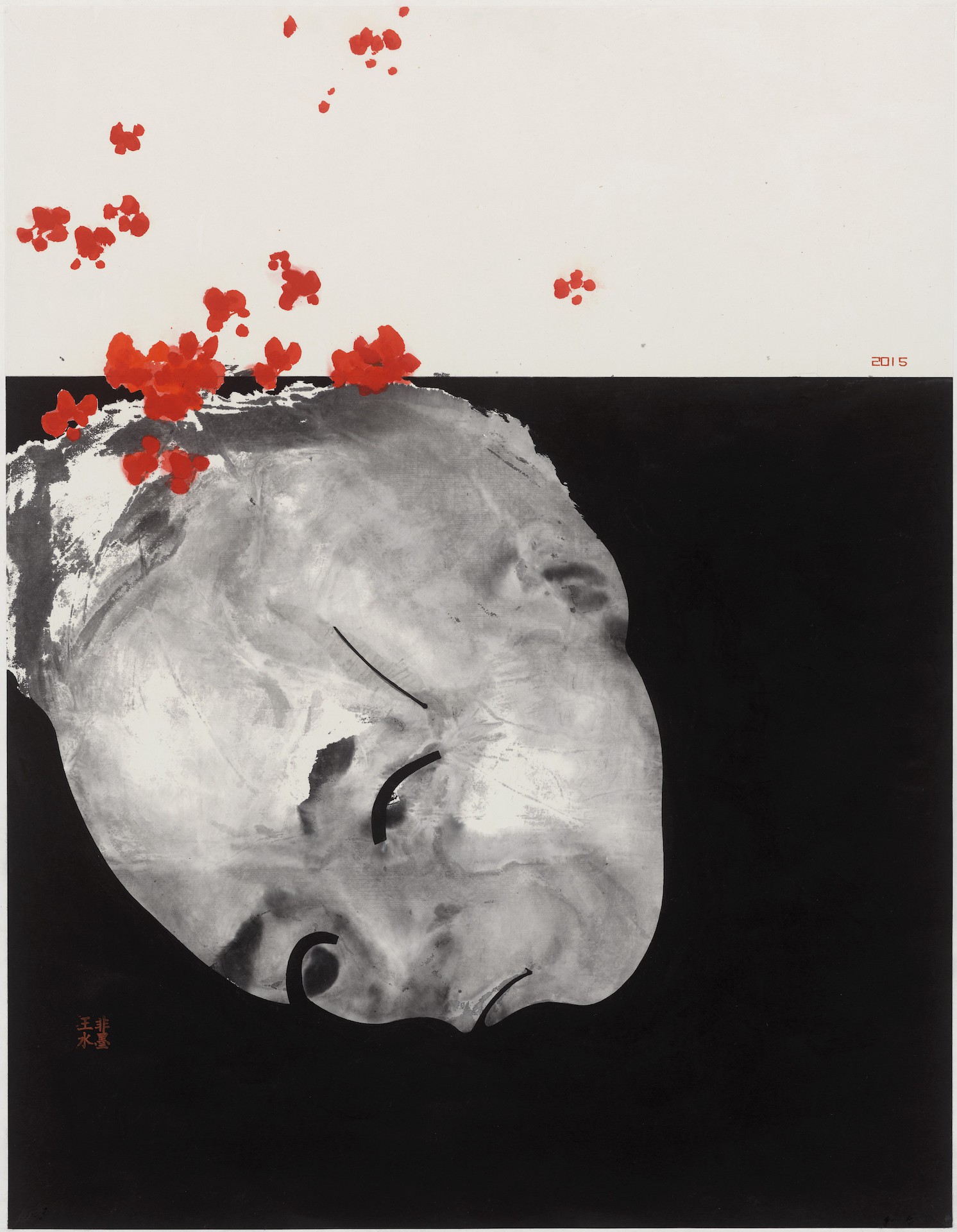 A monochrome profile face with red floral elements floating above against a split black and white background.