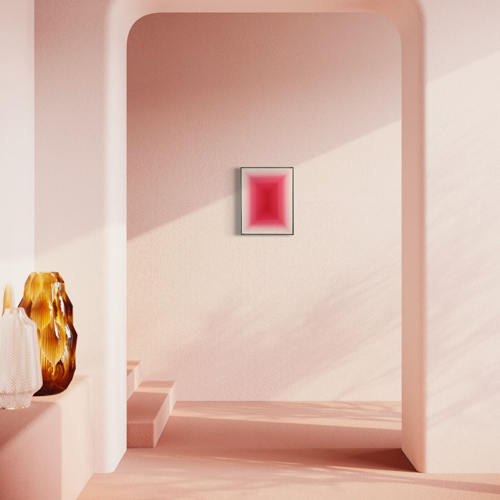 A pink room with a vase and a picture on the wall.