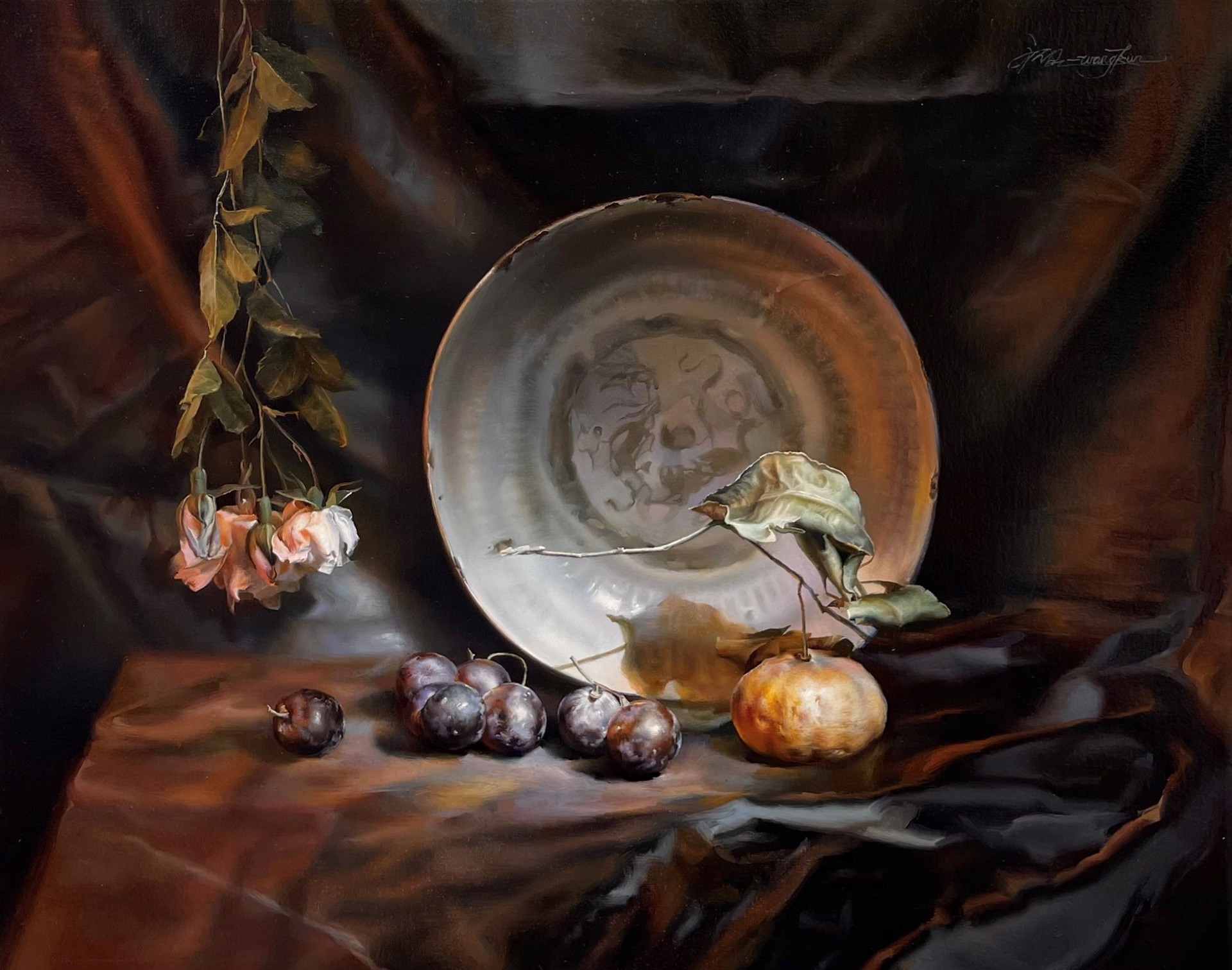 A painting of a plate and some fruit on a table.