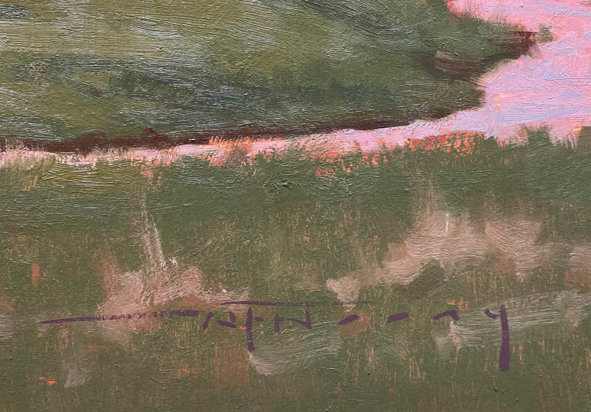 A serene landscape painting featuring a winding stream, green meadow, and dramatic pink clouds over distant hills.