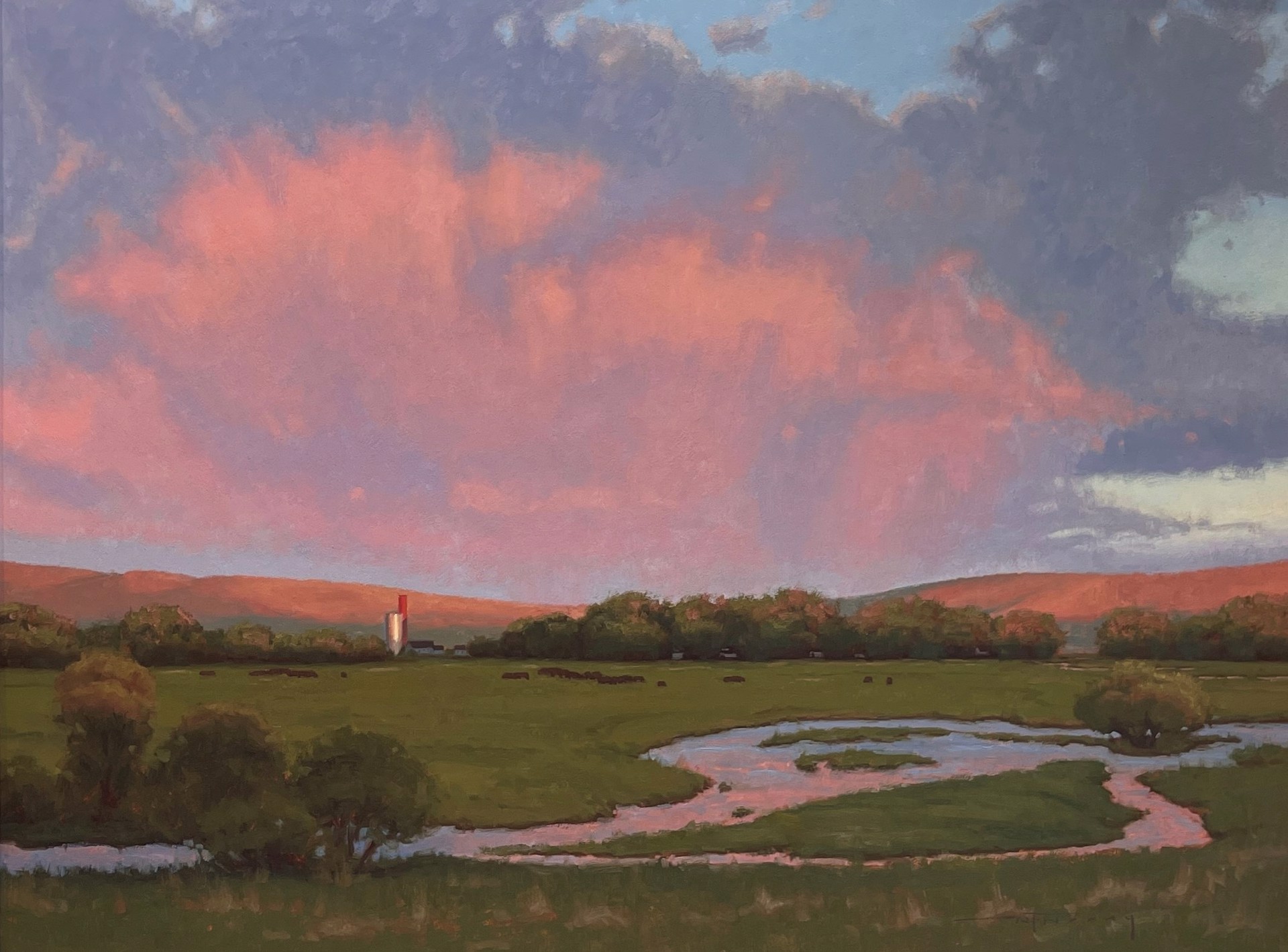 A serene landscape painting featuring a winding stream, green meadow, and dramatic pink clouds over distant hills.