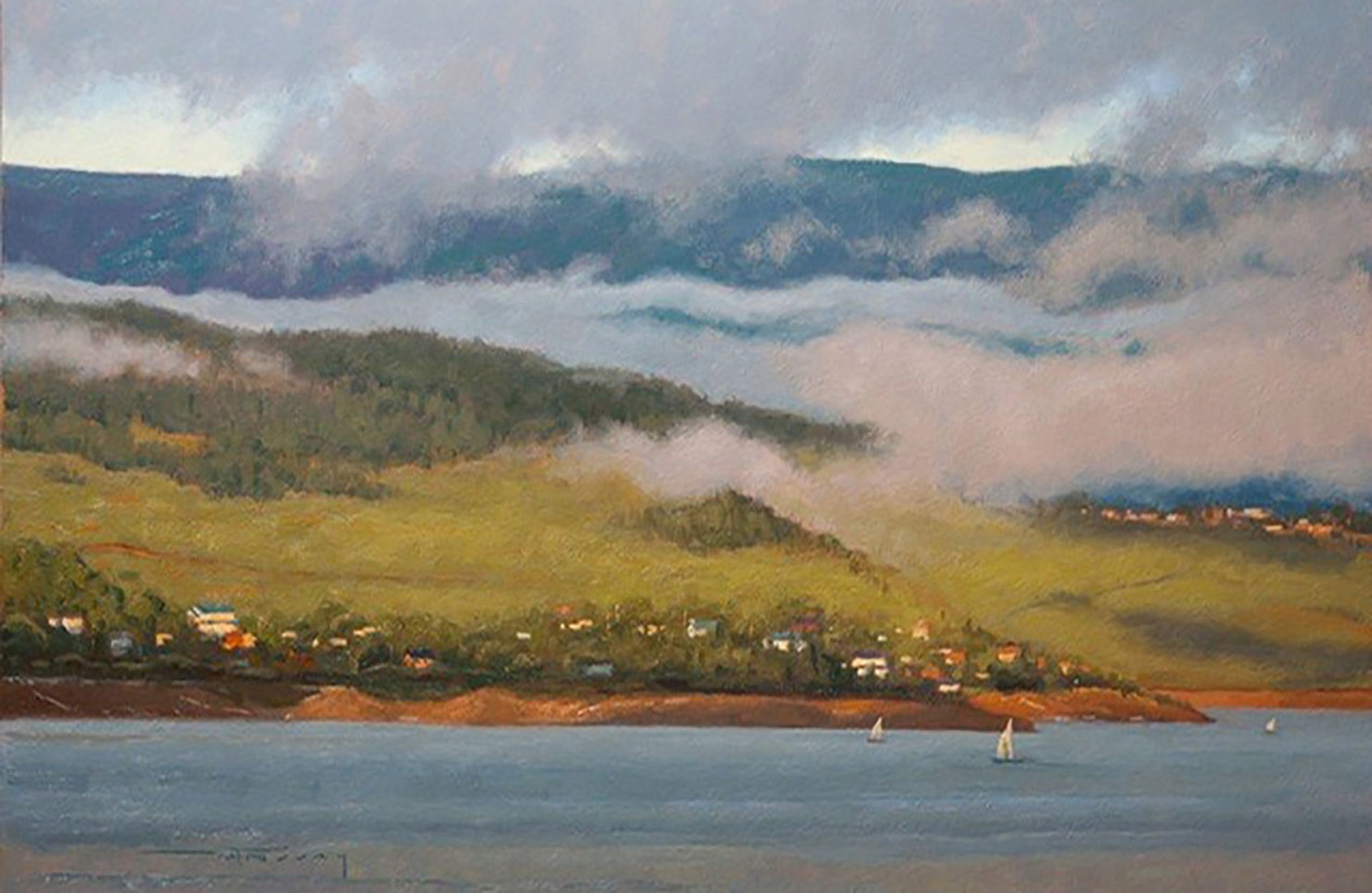 A painting of a view of a body of water with mountains in the background.
