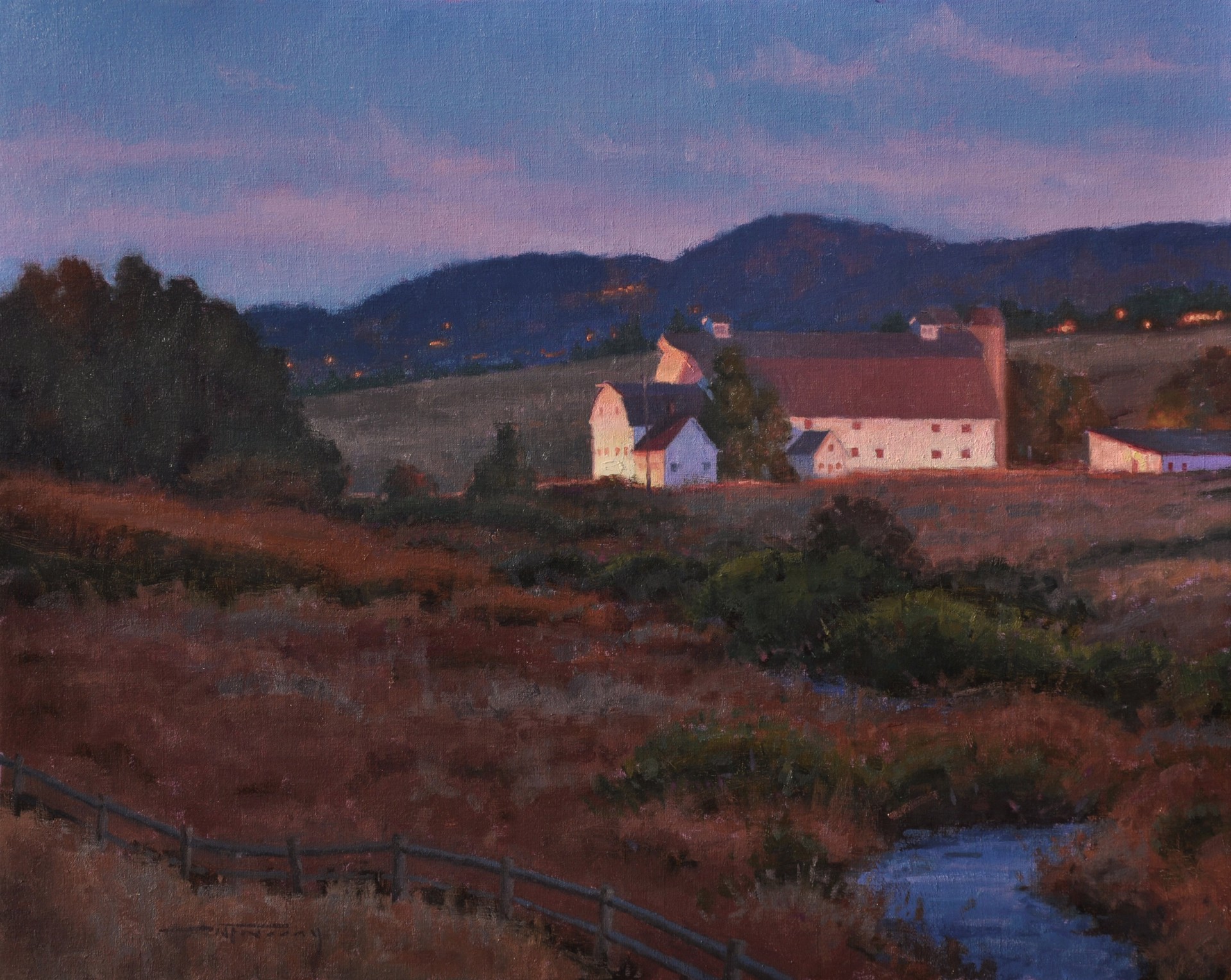 A painting of a farm in the middle of a field.