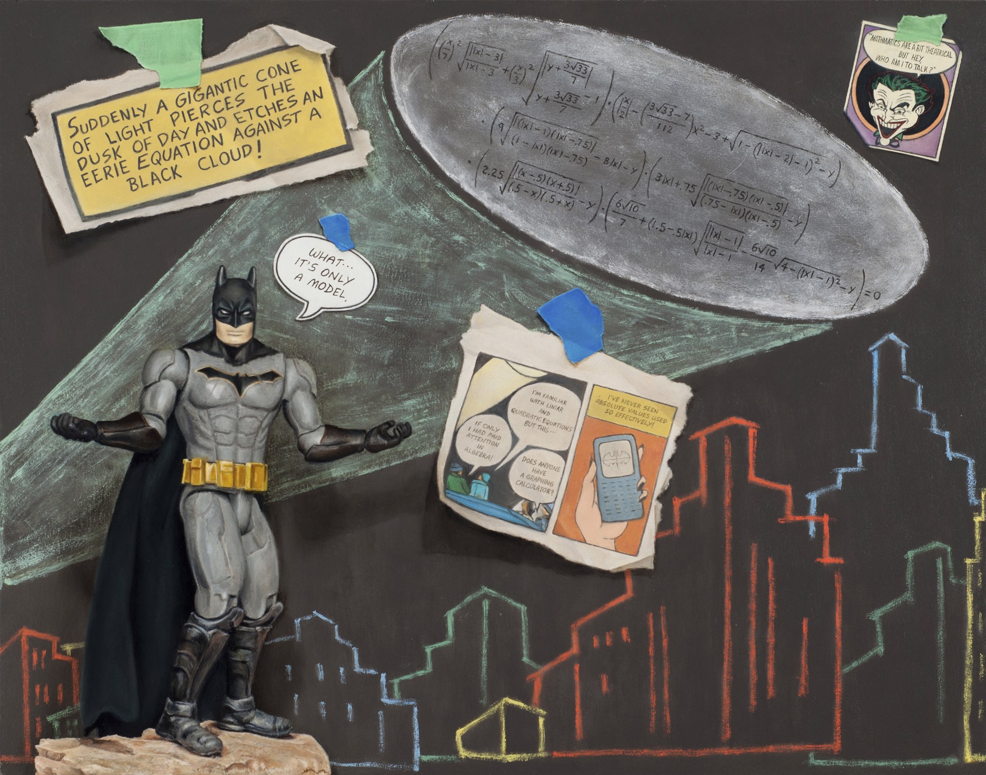 A blackboard with a drawing of a batman standing in front of it.