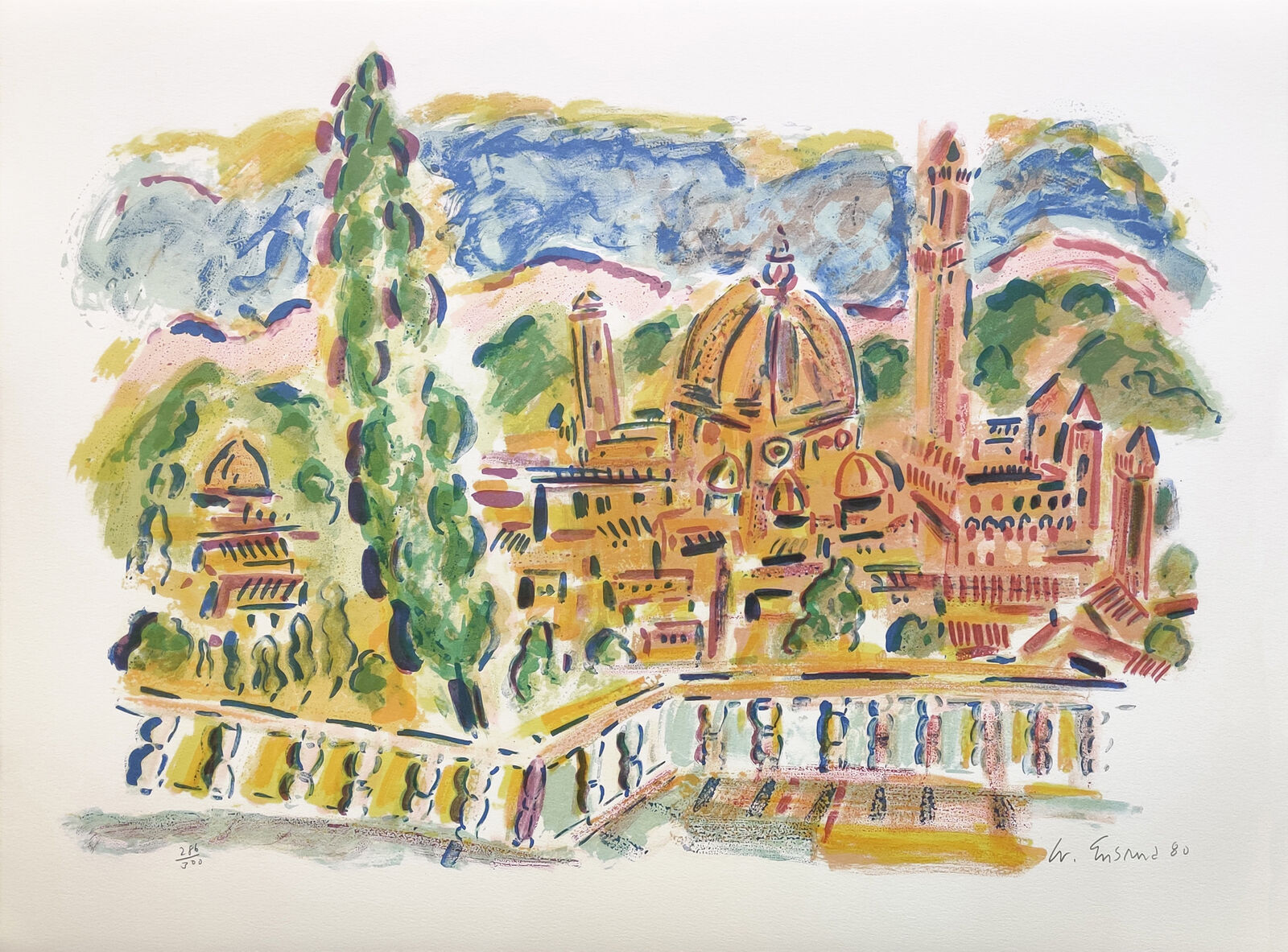 A watercolor painting of a city with a church in the background.